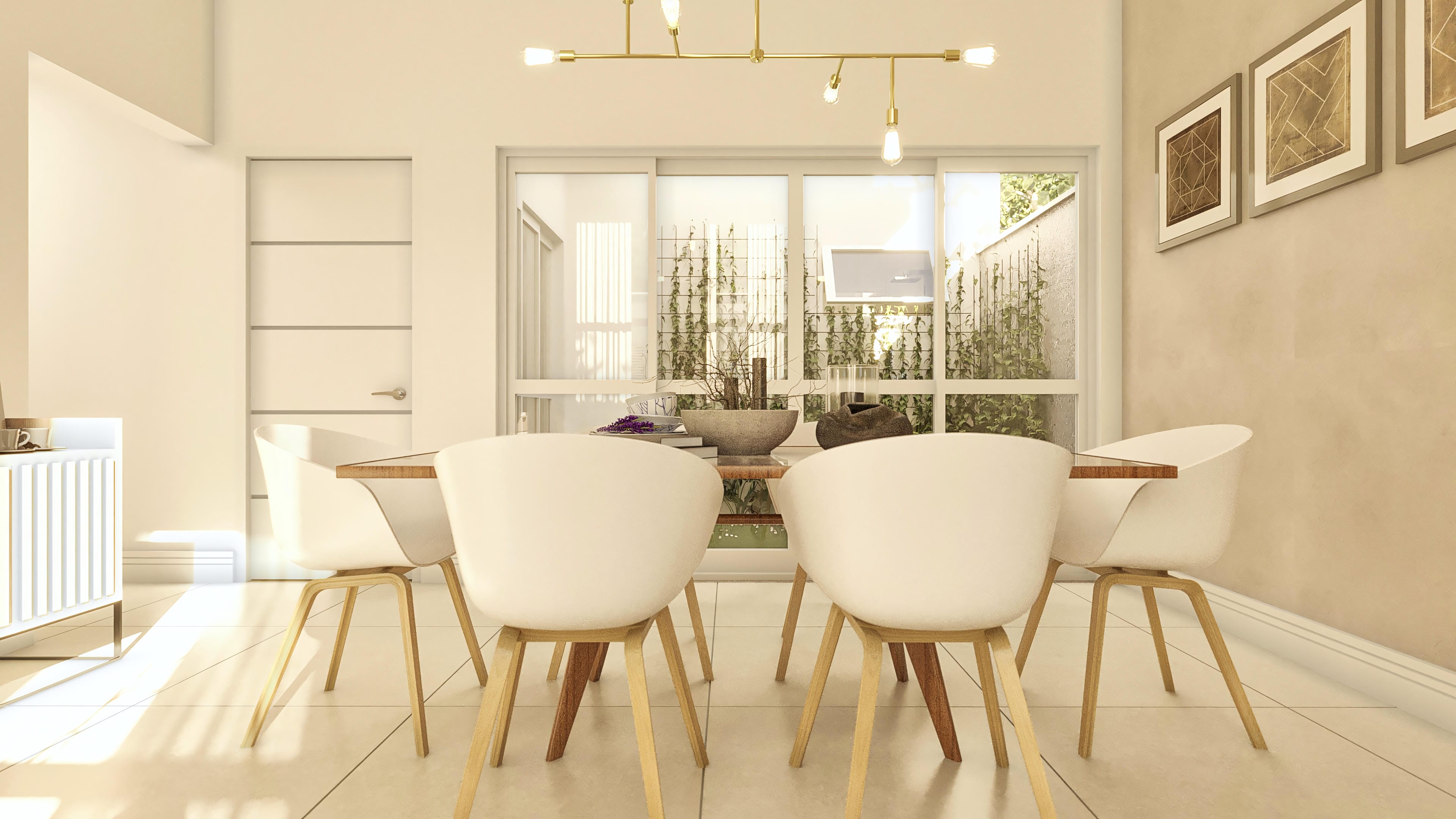 Ambiente interno com sala de jantar e acesso a área externa através de grandes portas de vidro, com iluminação natural e artificial destacando a decoração e a arquitetura minimalista.