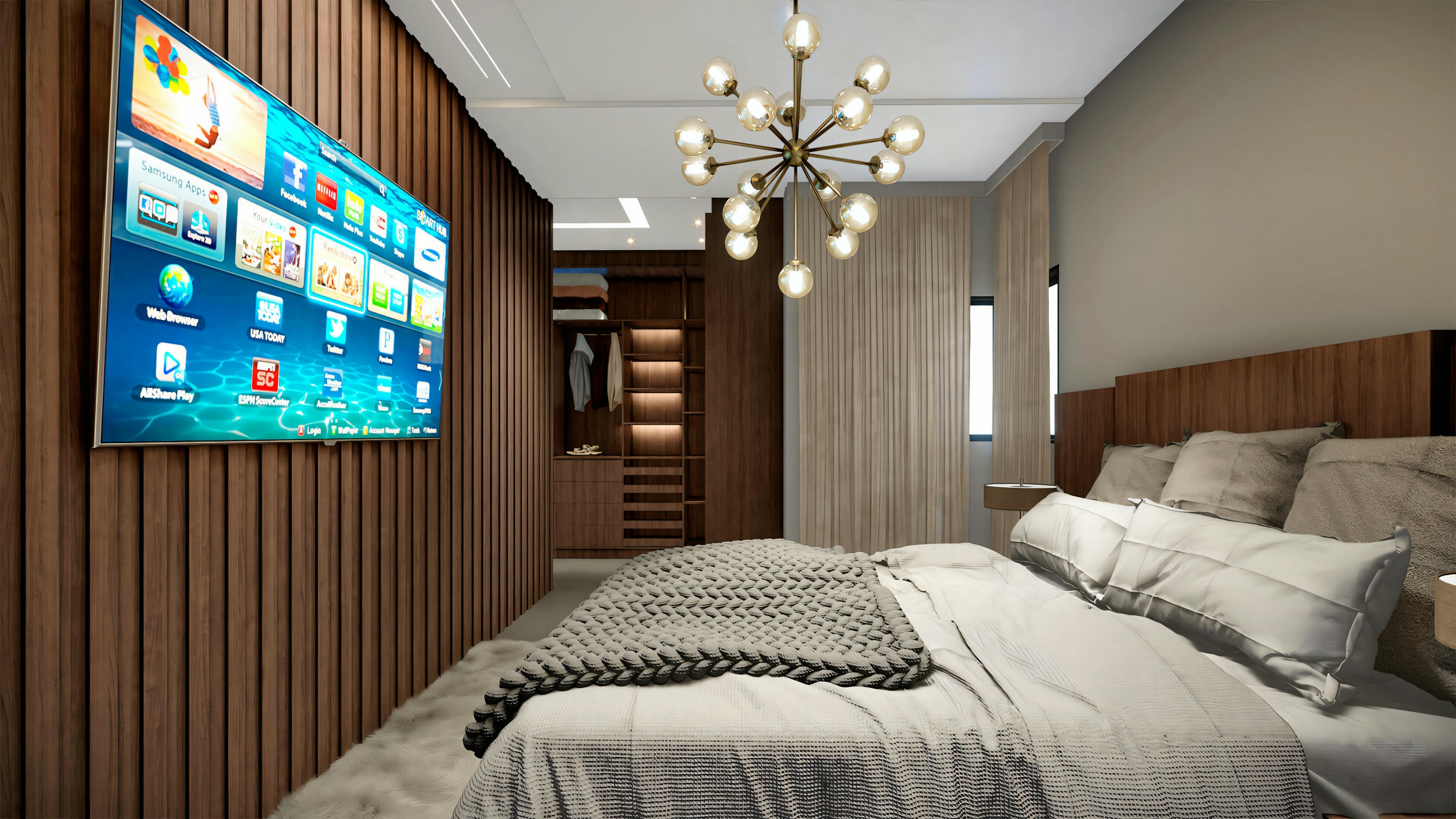 Um quarto com uma cama grande coberta com roupa de cama cinza, duas mesas de cabeceira com abajures e um lustre ornamentado pendurado no teto.