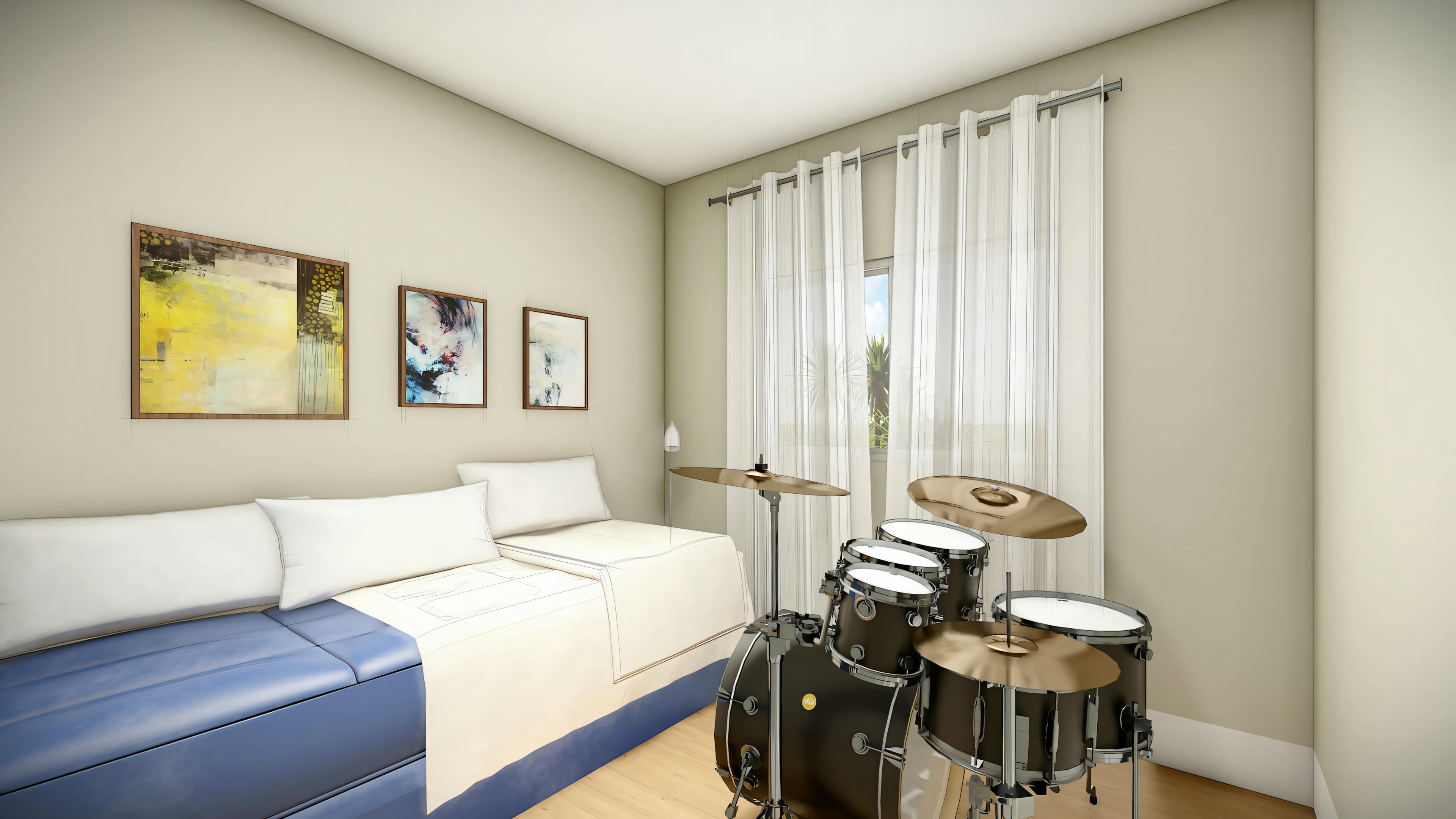 Um quarto com uma cama e janelas que permitem a entrada de luz natural.