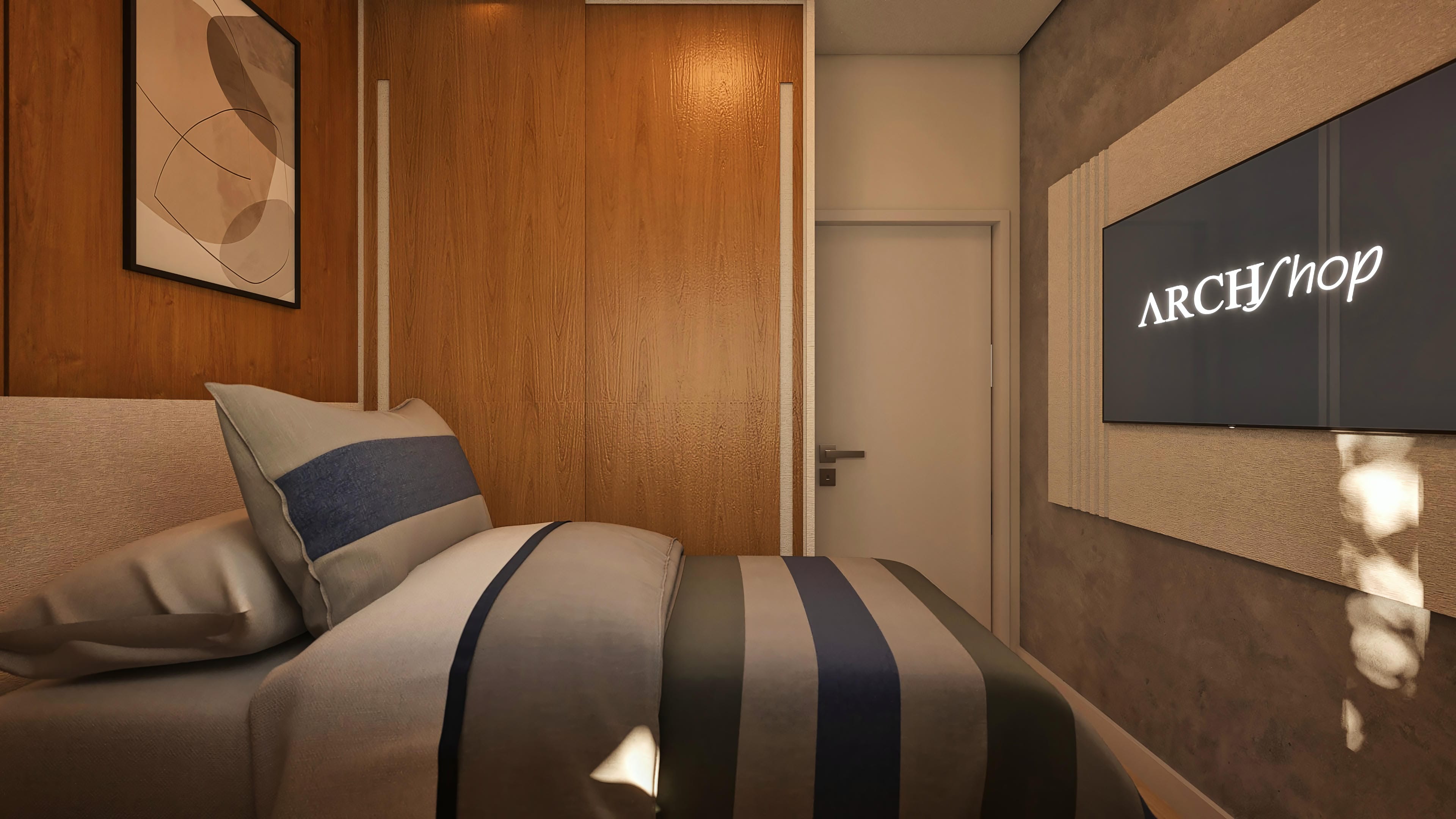 Interior de quarto com cama aconchegante e revestimento amadeirado, um projeto de casa térrea com 2 dormitórios e cozinha funcional.