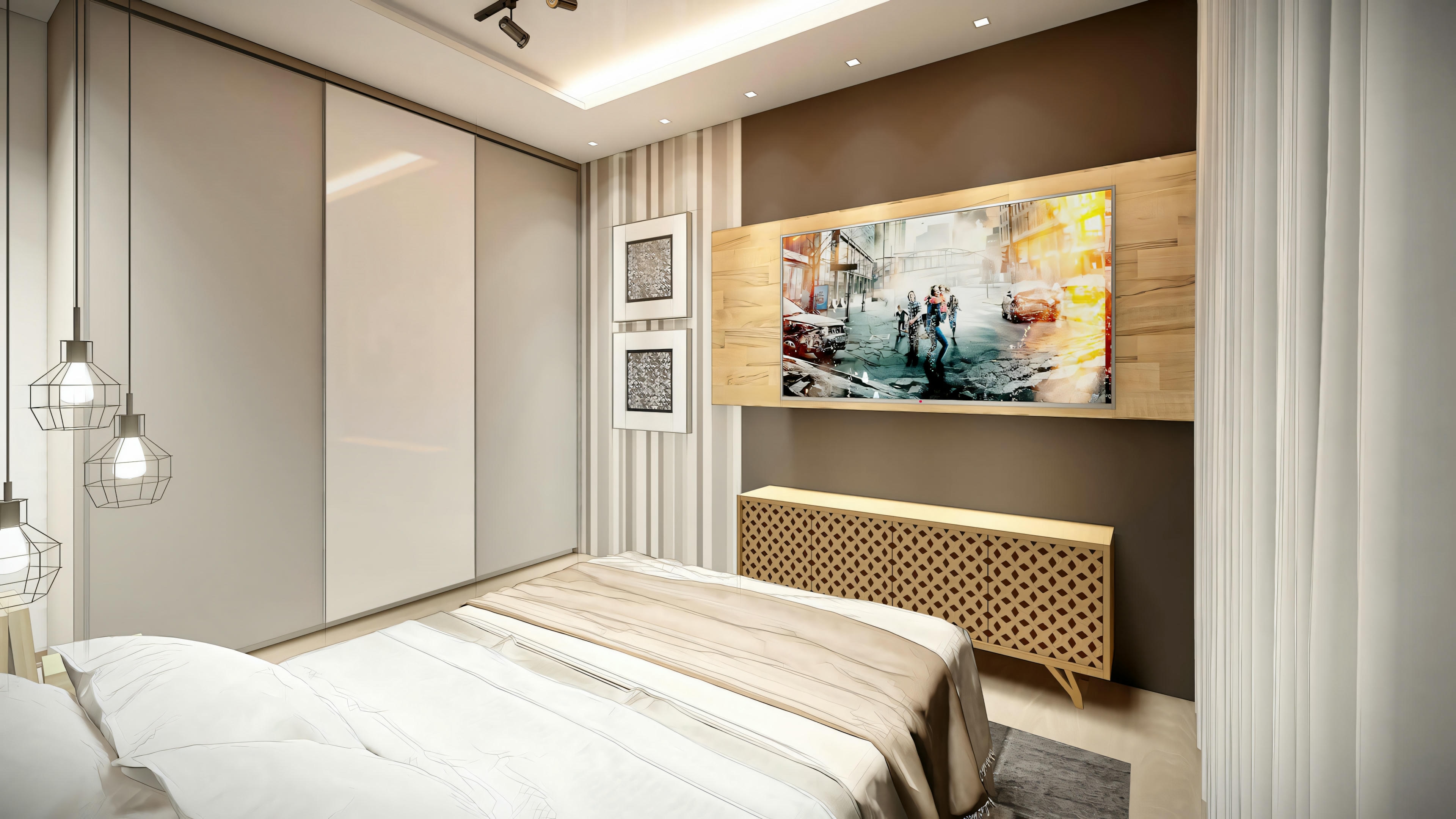 Um quarto com uma cama grande, duas mesas de cabeceira e uma pintura abstrata acima da cama.