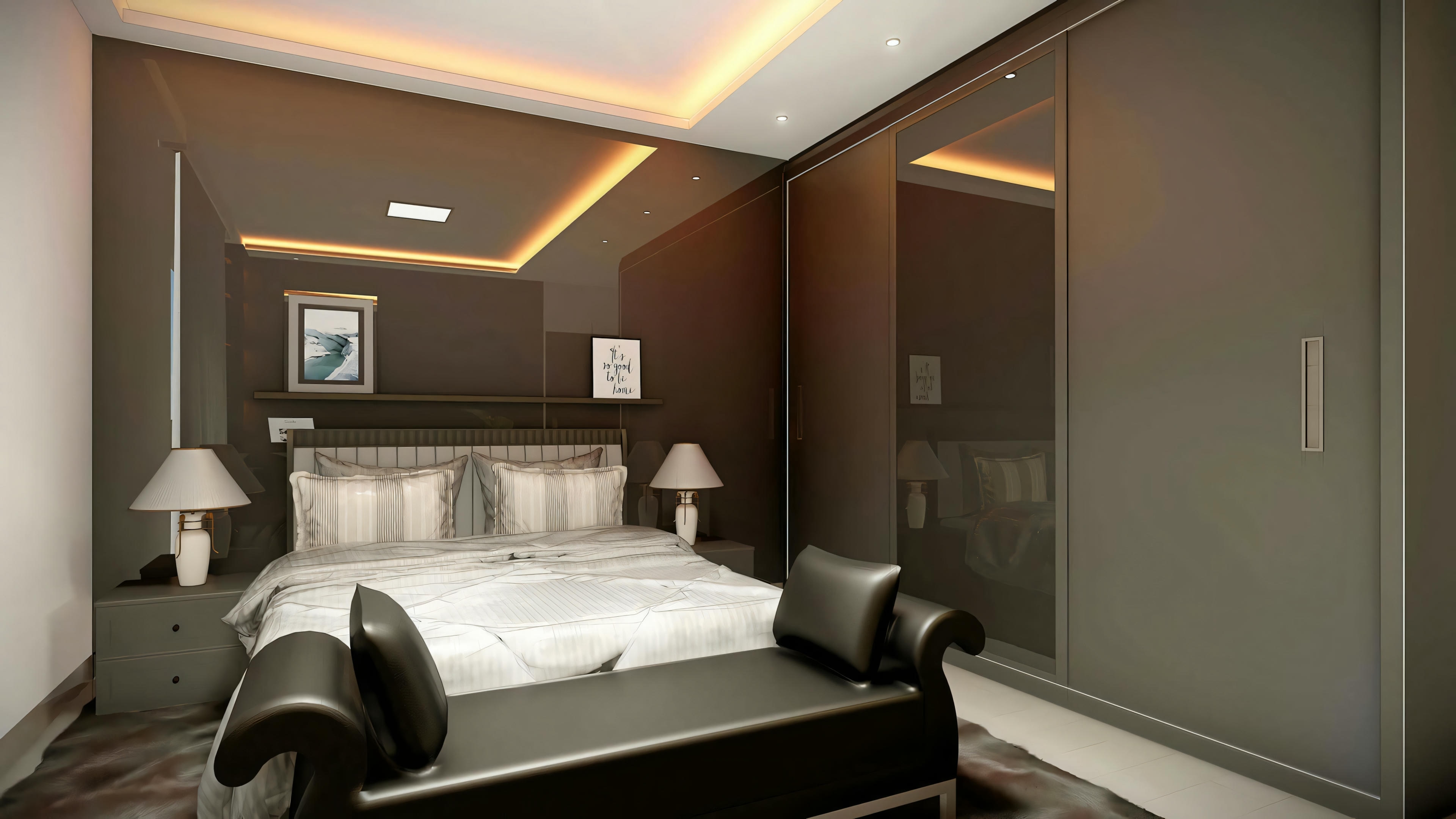 Um quarto moderno com cama de casal, mesas de cabeceira e iluminação aconchegante.