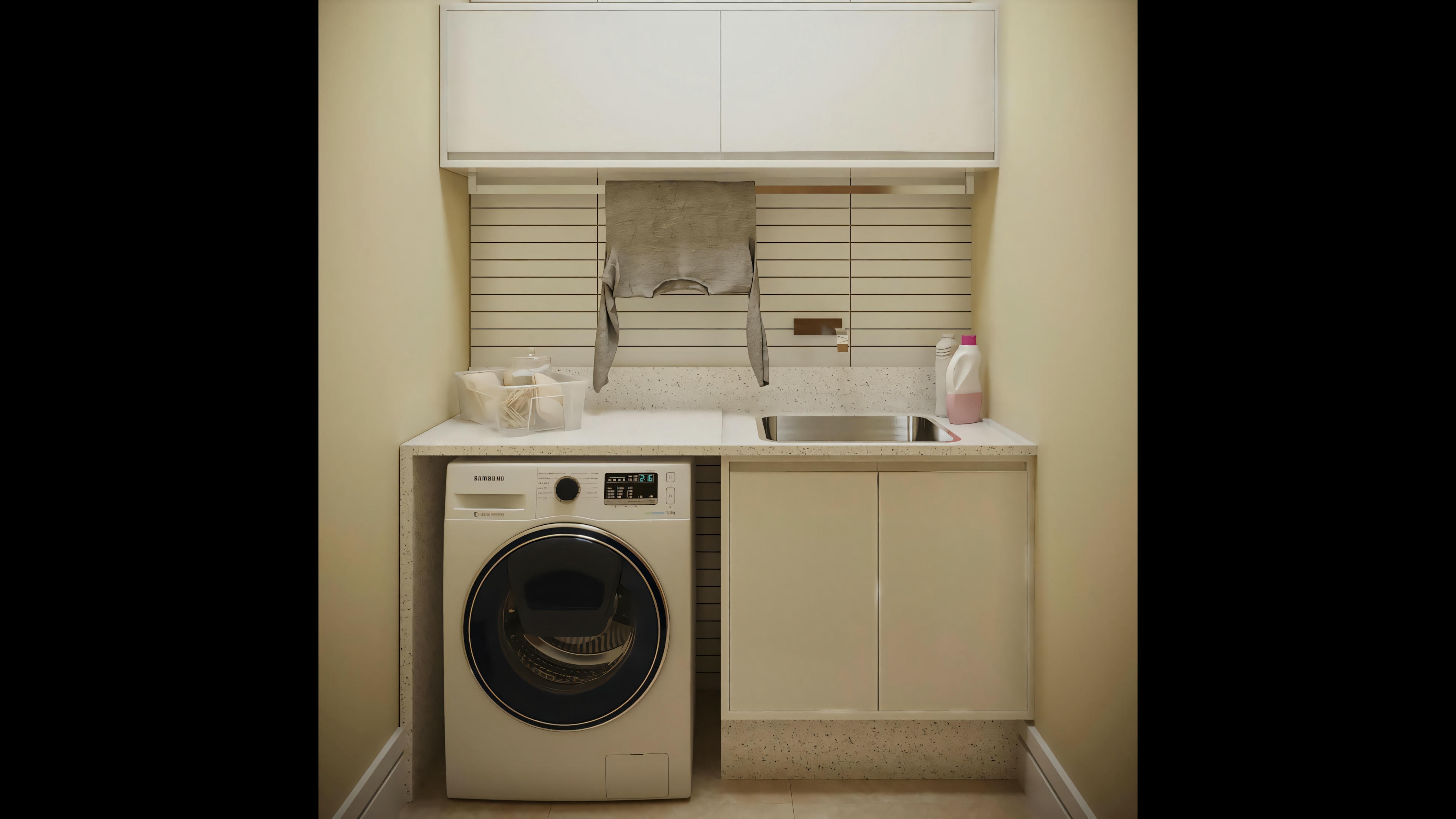 Planned service area of the ready-made single-story house project with 2 suites (170.8sqm). Laundry equipped with front-loading washing machine, built-in sink, counter, and upper and lower cabinets for organization.
