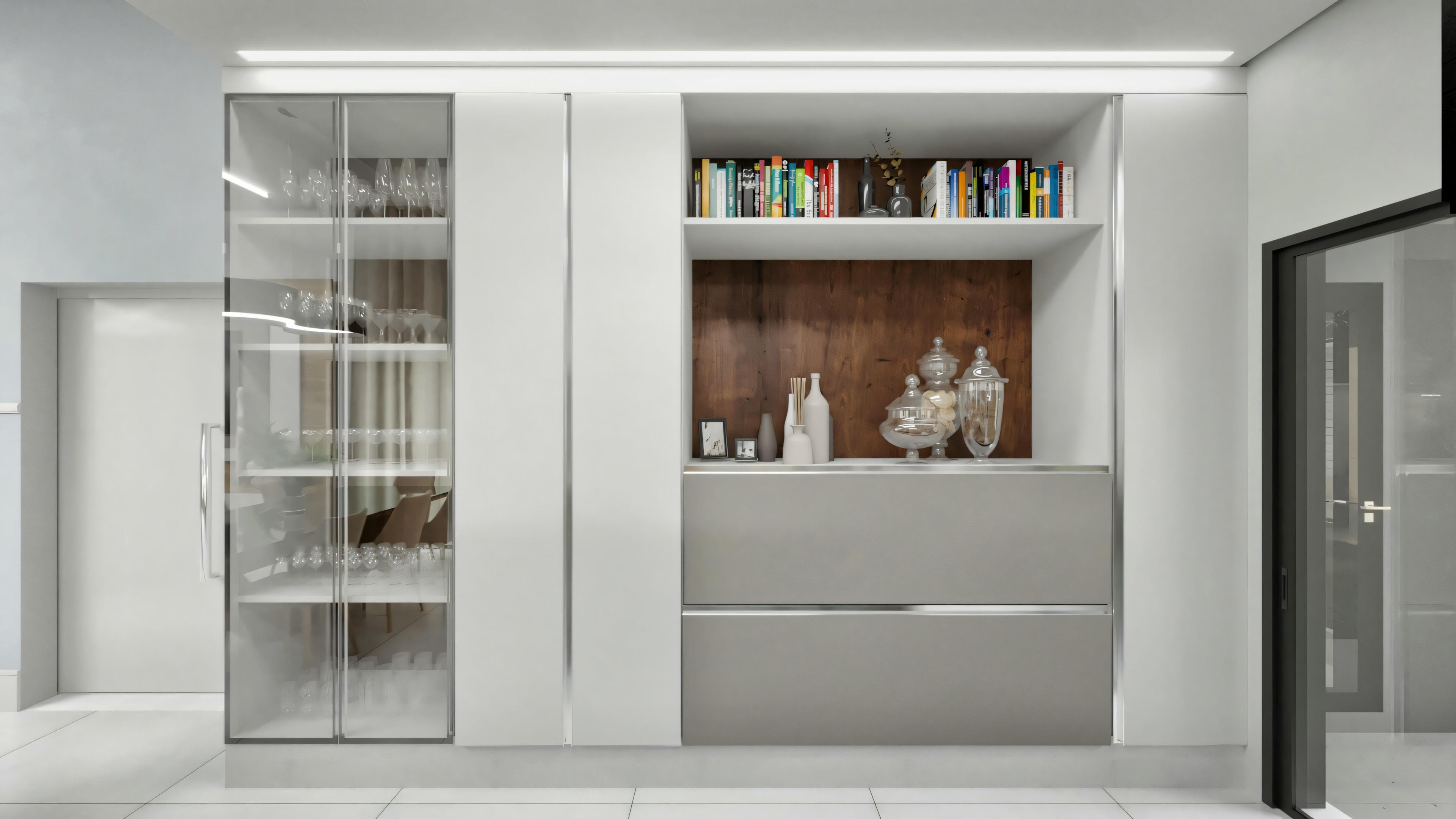 A room with a large bookshelf, storage cabinets, and a partially open sliding door.