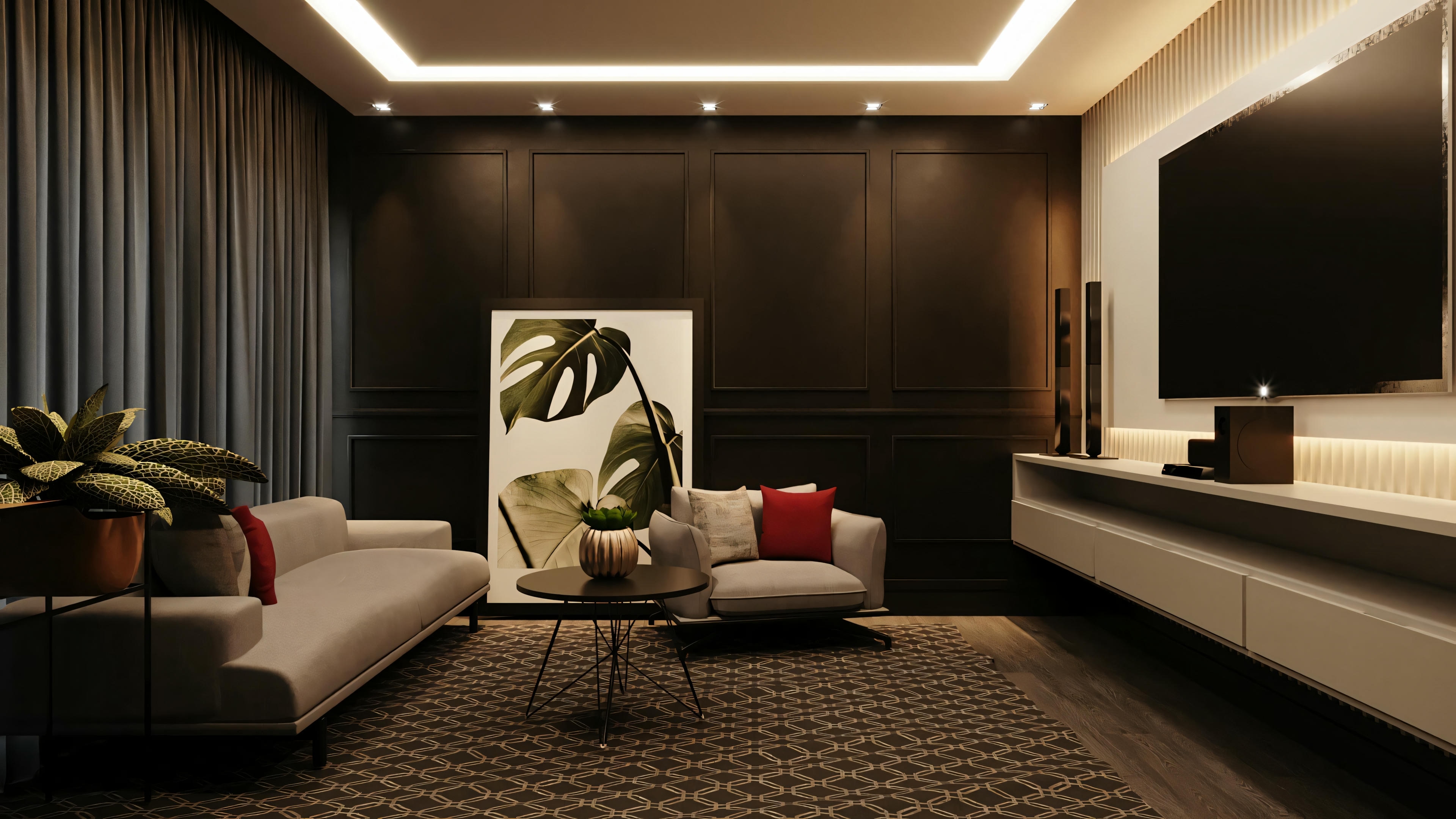 Outra sala de estar com elementos de design moderno, incluindo uma grande tela, painéis de luz verticais, sofás, poltrona e plantas decorativas.