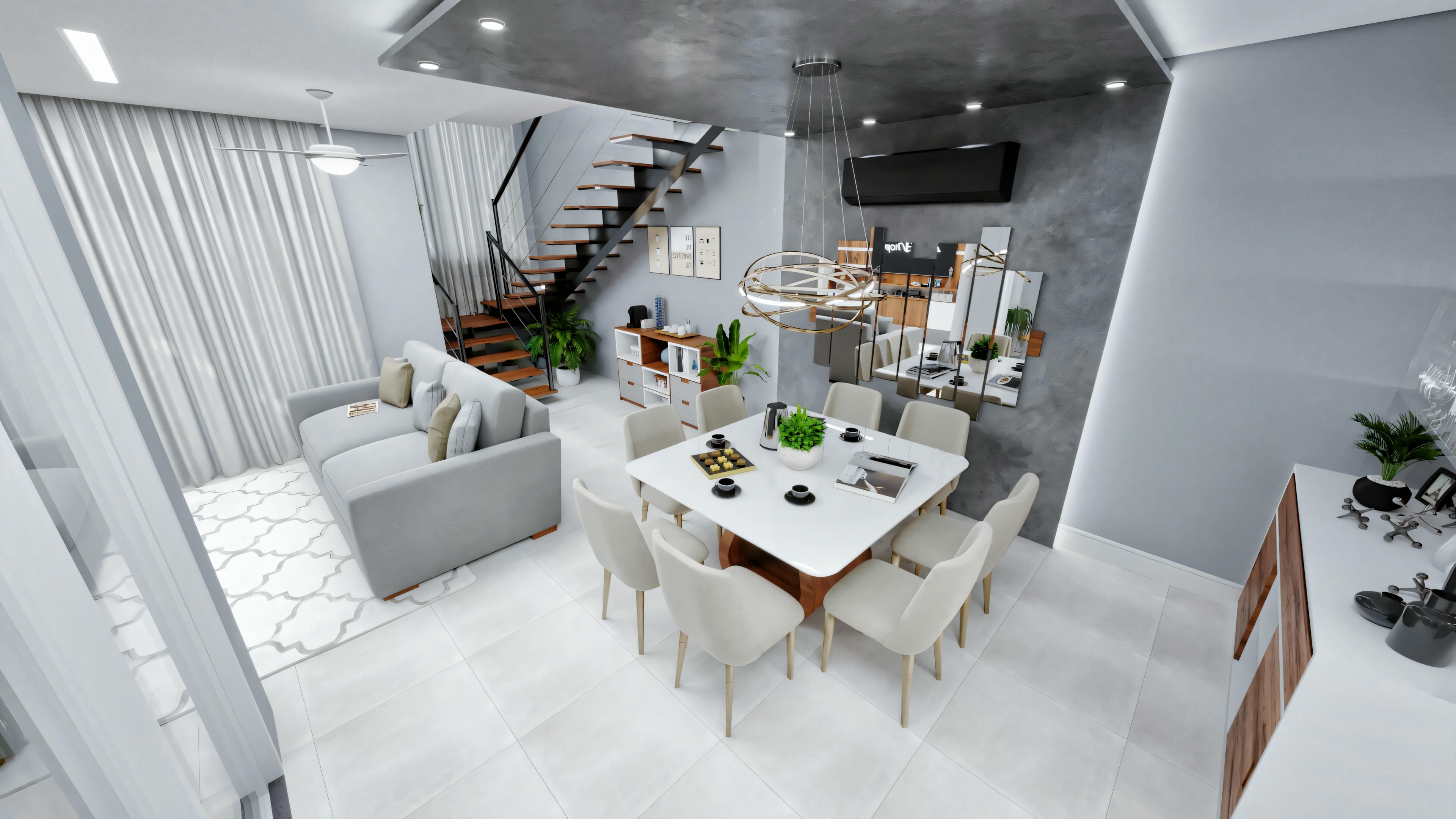 A spacious kitchen with white and wood details, a central island with stools, and a dining area in the background.