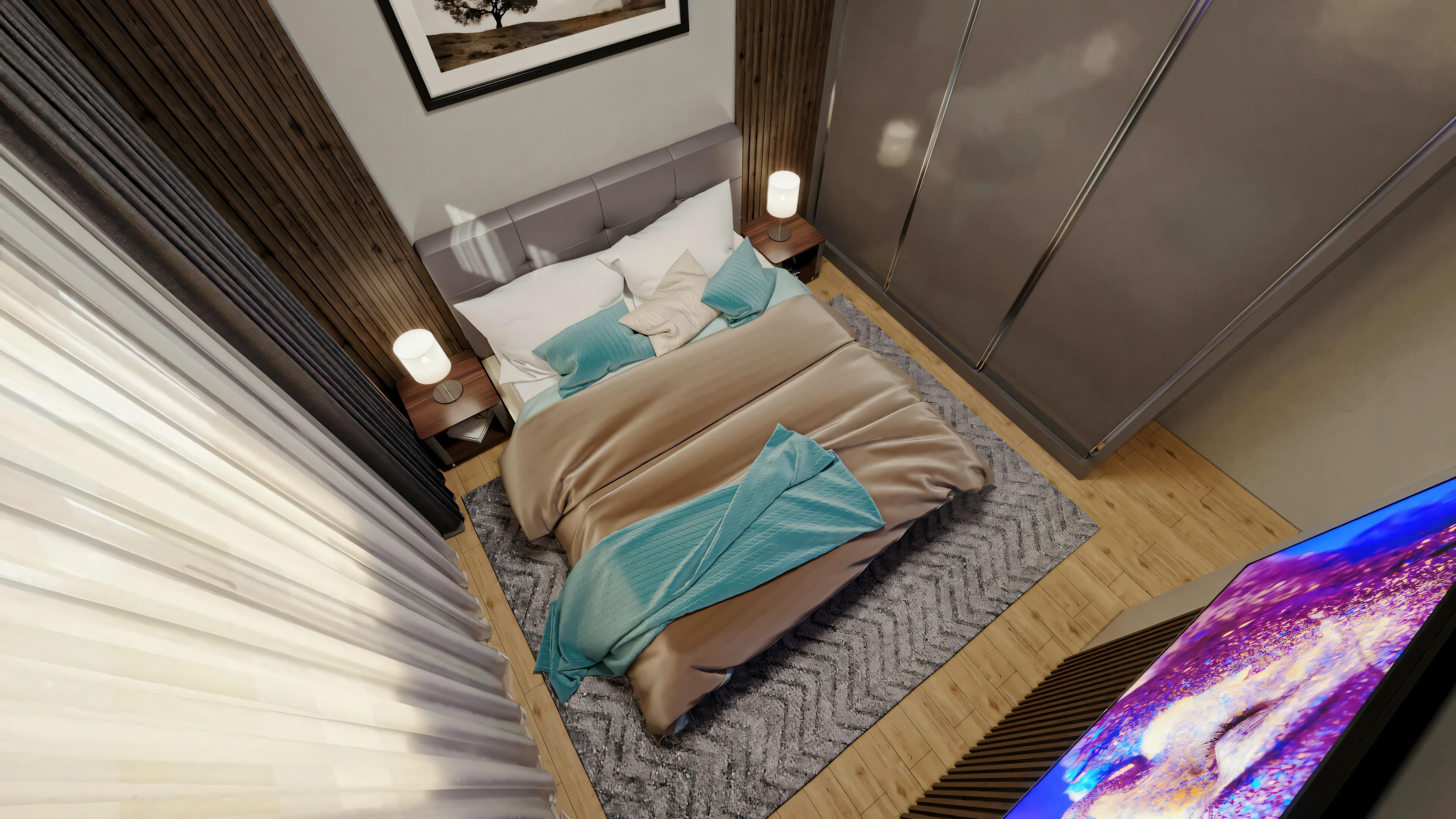 Layout of the master bedroom viewed from above in a 2-bedroom house (70 m² plan), showing a double bed, slatted panels, custom-made wardrobe, and TV on the opposite wall.