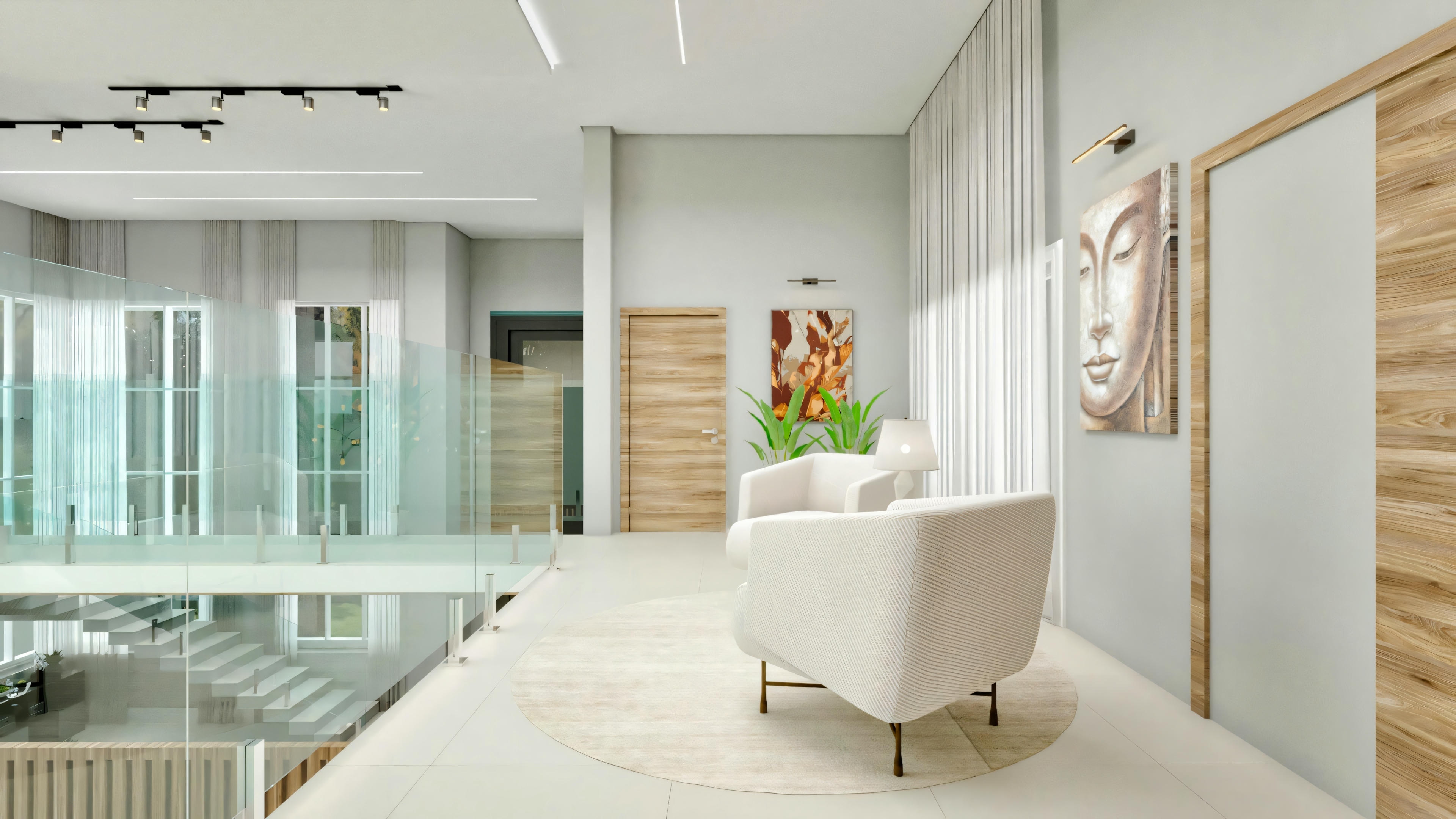 Large upper floor circulation hall, mezzanine style with glass railing and view to the lower level. Light flooring, wooden doors, modern lighting, and a seating area with white armchairs. Interior of a 416sqm neoclassical two-story house project with 4 suites.