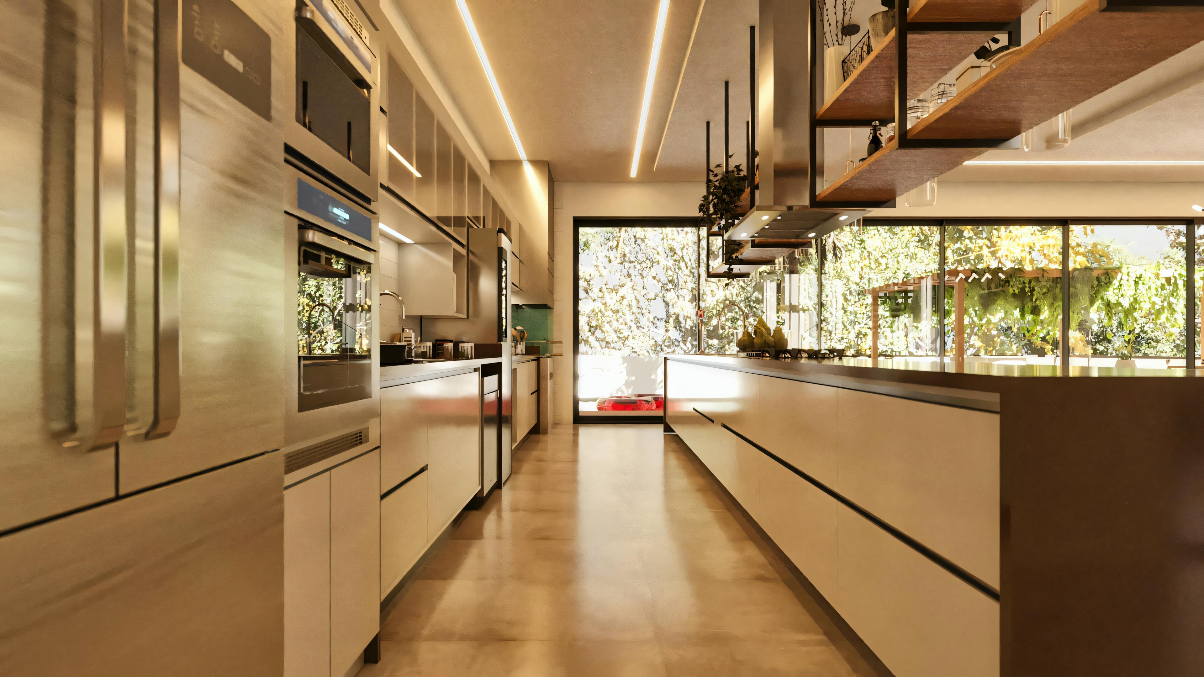 Perspectiva de la cocina gourmet moderna en proyecto de casa integrada. Vista del corredor entre la isla central y la barra con armarios planejados y electrodomésticos en acero inoxidable. Acceso al área externa al fondo.