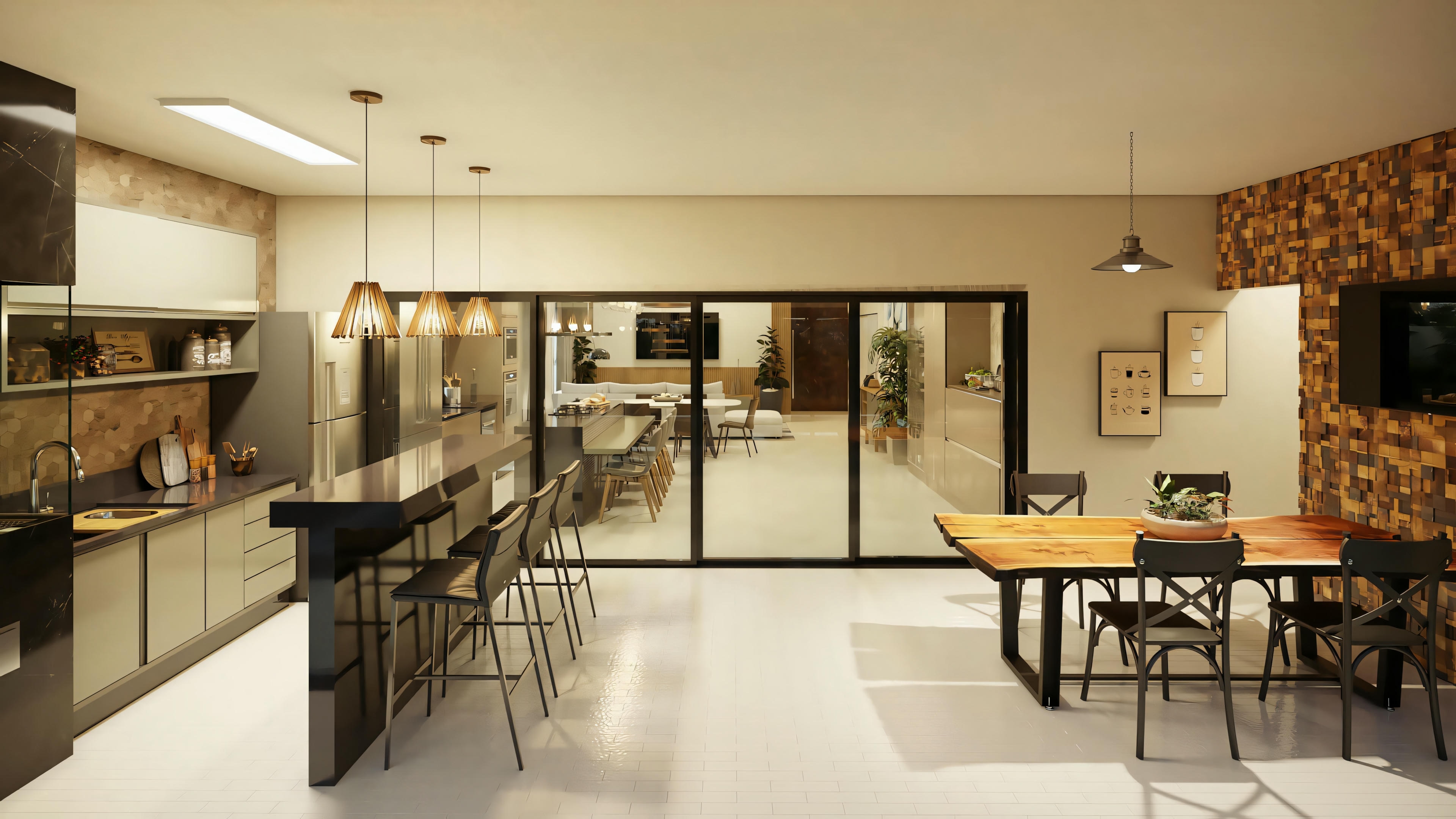 Área de jantar com mesa retangular e cadeiras, ao lado de uma cozinha aberta com tons escuros.