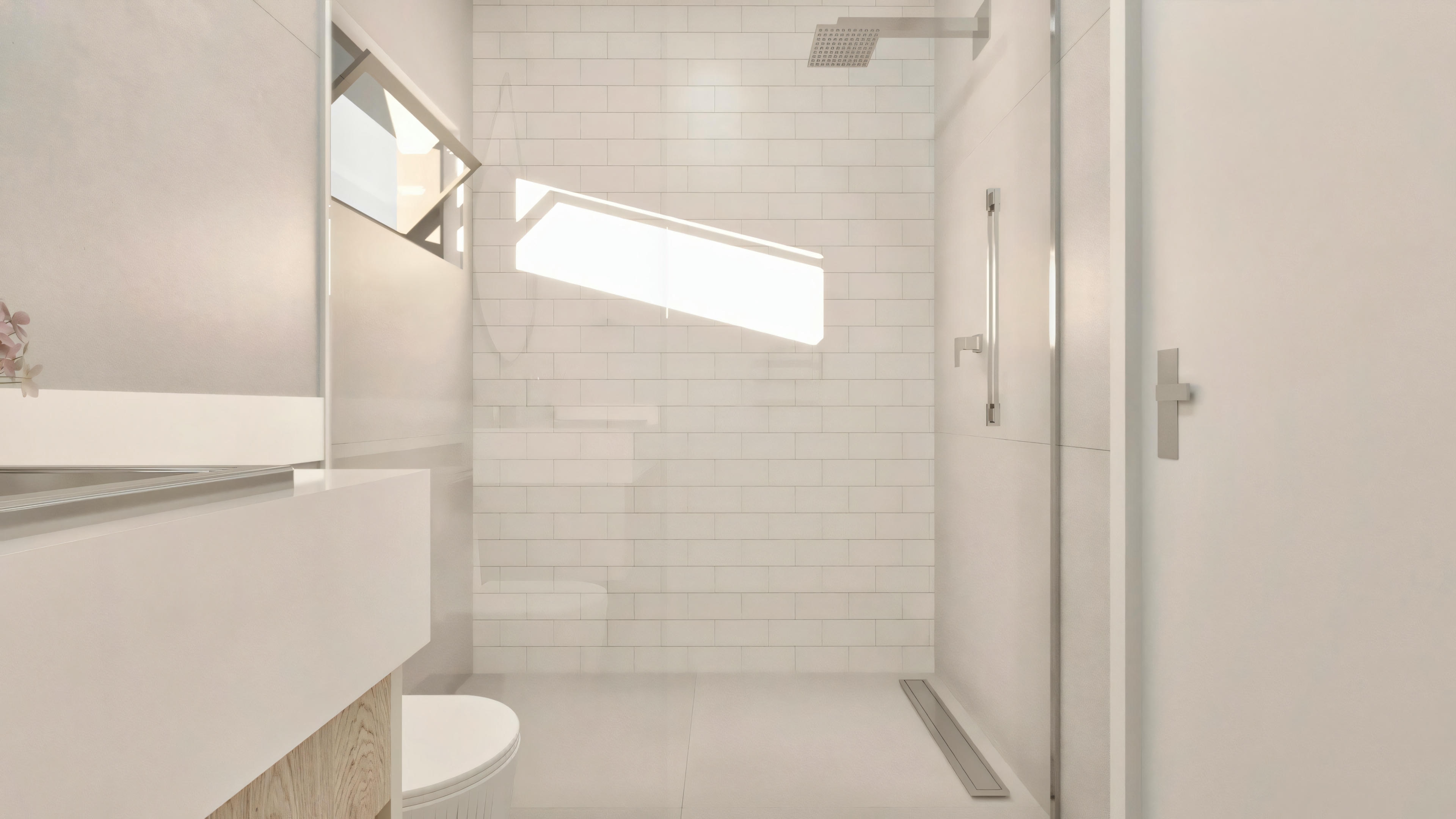 Banheiro moderno com área de chuveiro visível através de uma divisória de vidro, vaso sanitário e possível área de pia, iluminado por luz natural de uma janela.