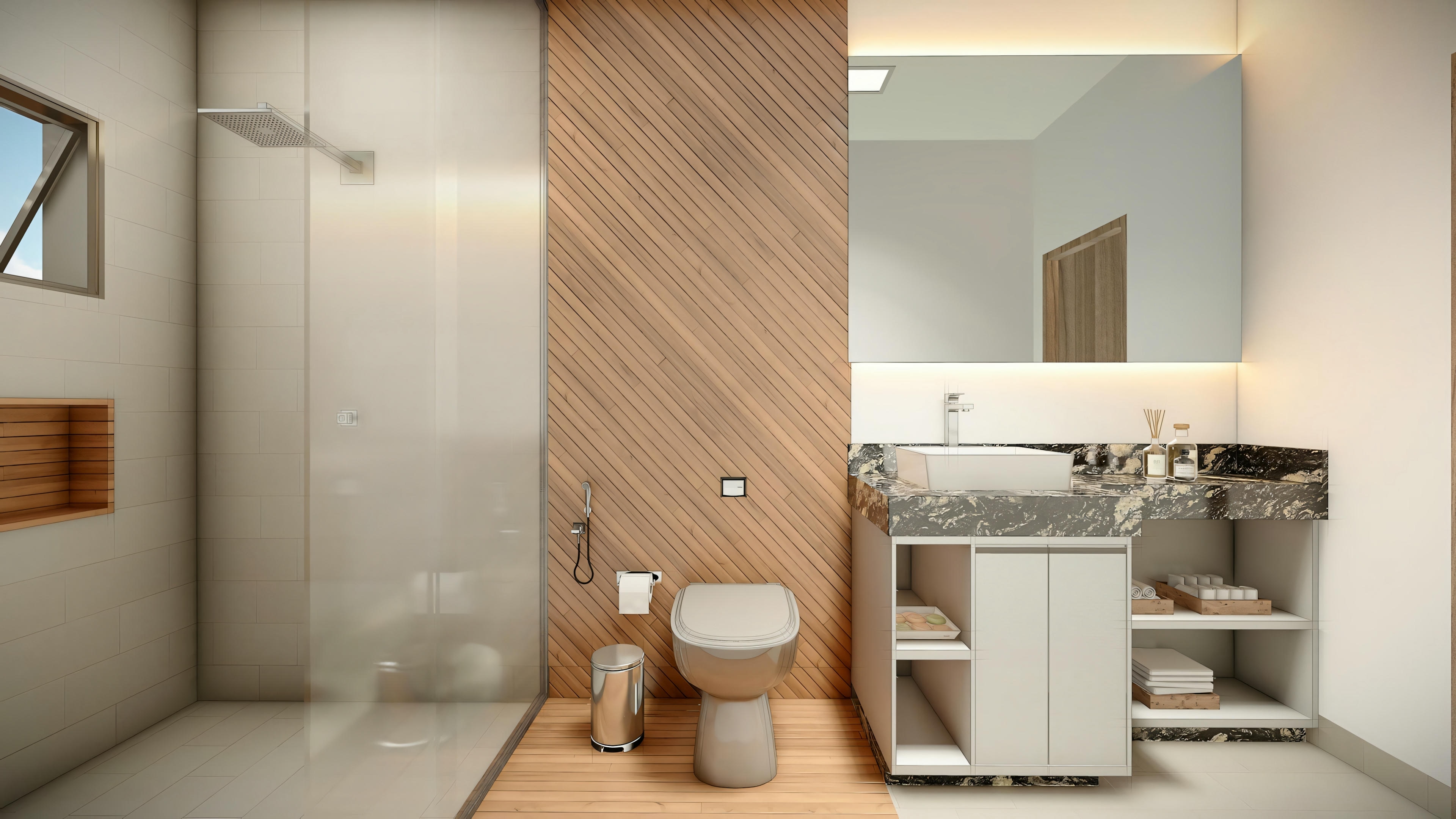 Un baño con box de vidrio y fixtures blancas.