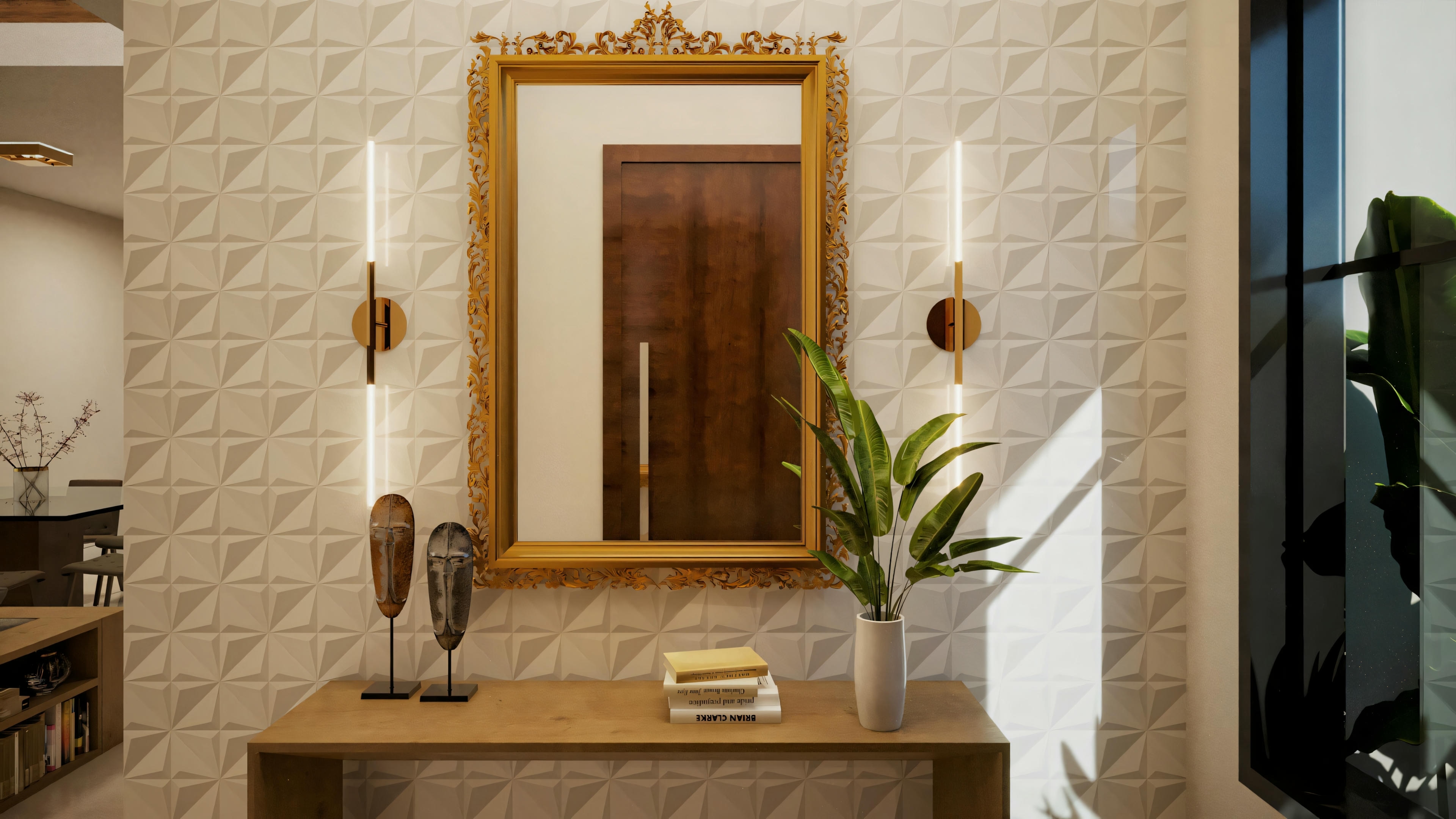 Un baño elegante con paredes revestidas de azulejos, un gran espejo sobre el lavabo y objetos decorativos, incluidas plantas y lámparas de pared.