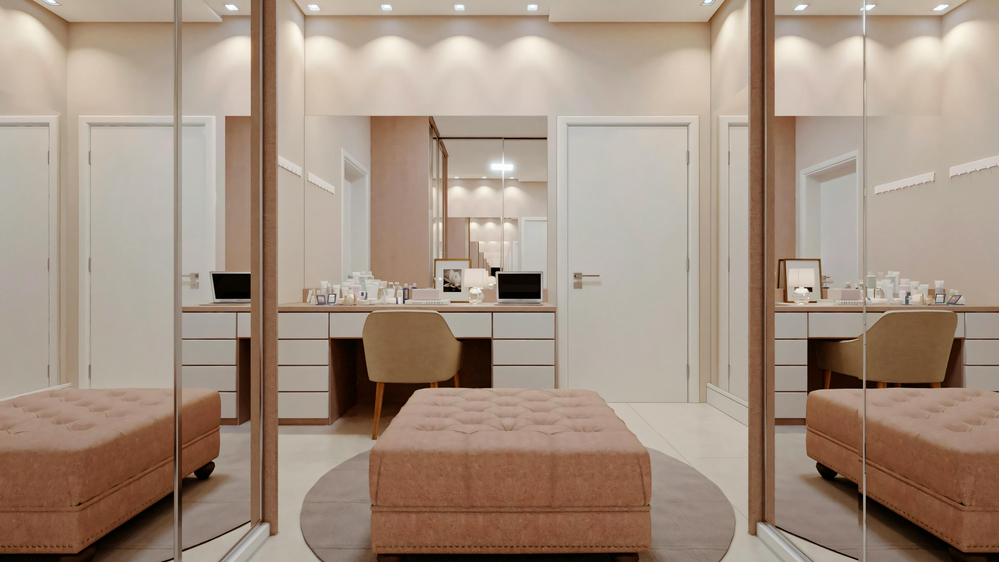 Un baño moderno con espejo grande, dos lavabos y otomanas beige.