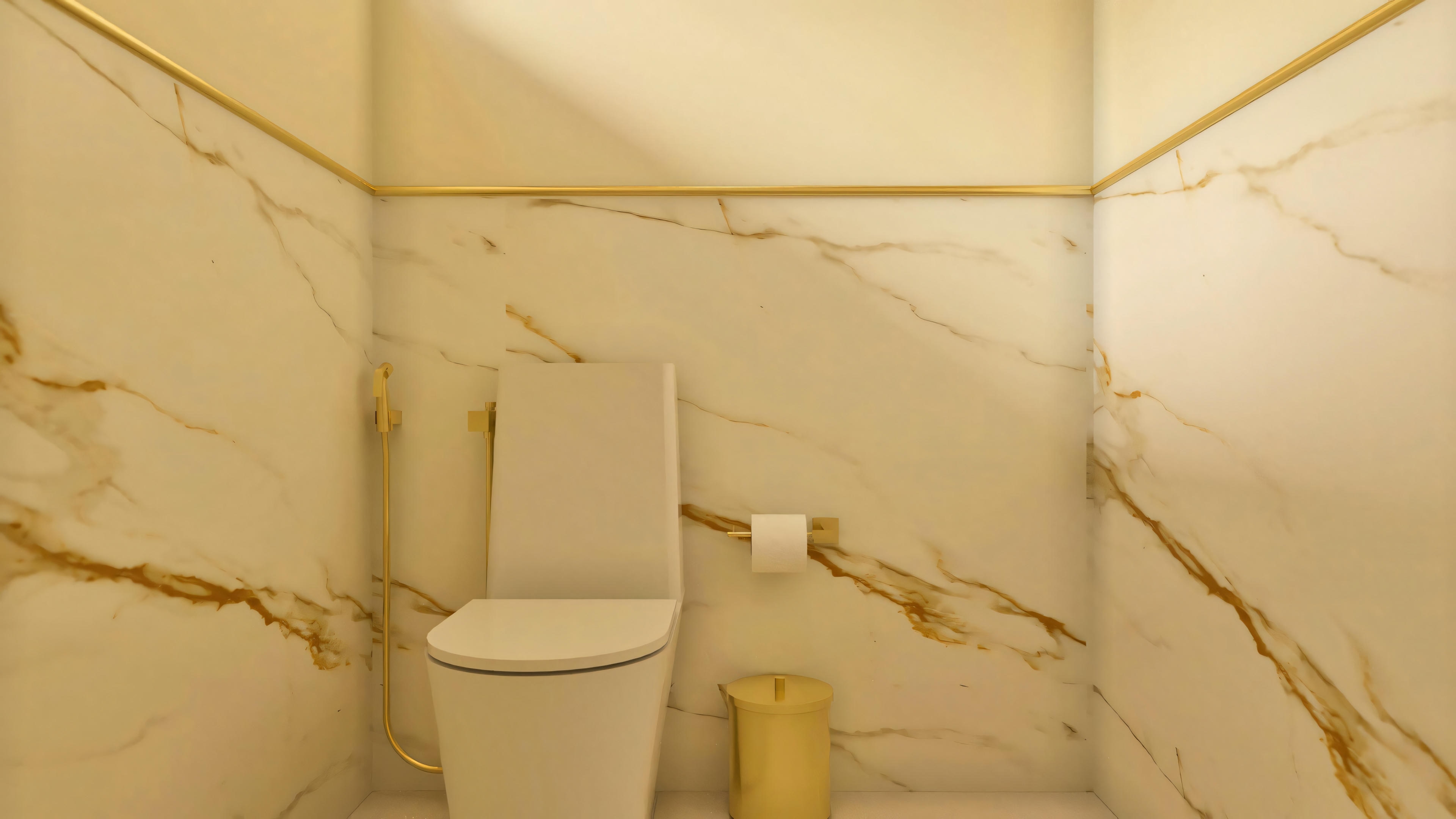 Detail of the bathroom or powder room in a ranch house with 3 suites, showcasing marble-simulating porcelain tile cladding with golden veins (Calacatta Gold), finishing with a golden metallic profile, toilet, and golden bidet shower.