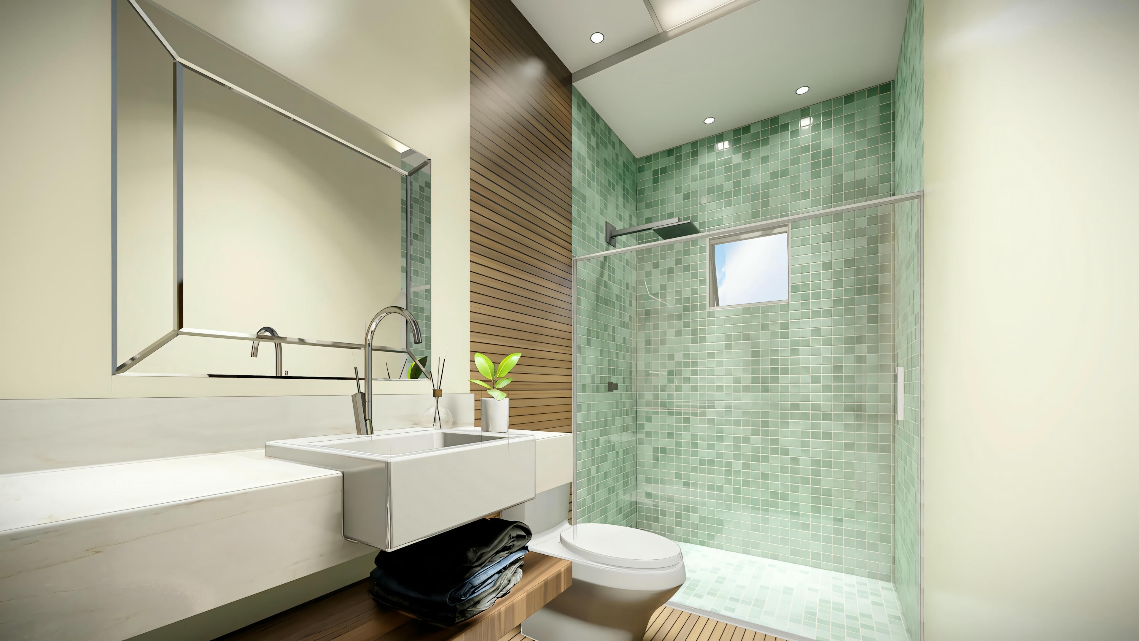 A bathroom with green tiles, a large mirror, and a modern sink.
