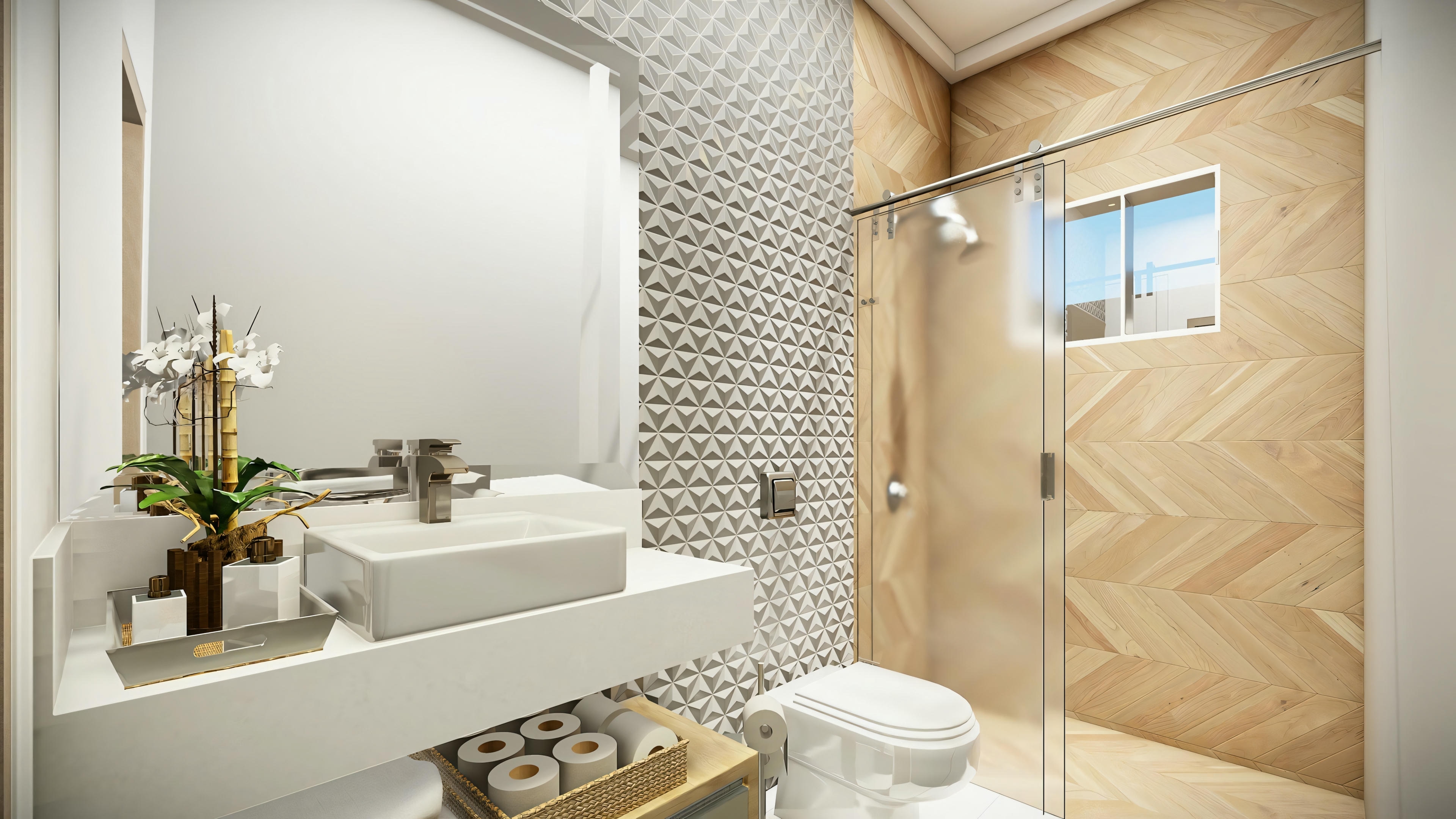 Bathroom with wood details and a large mirror.
