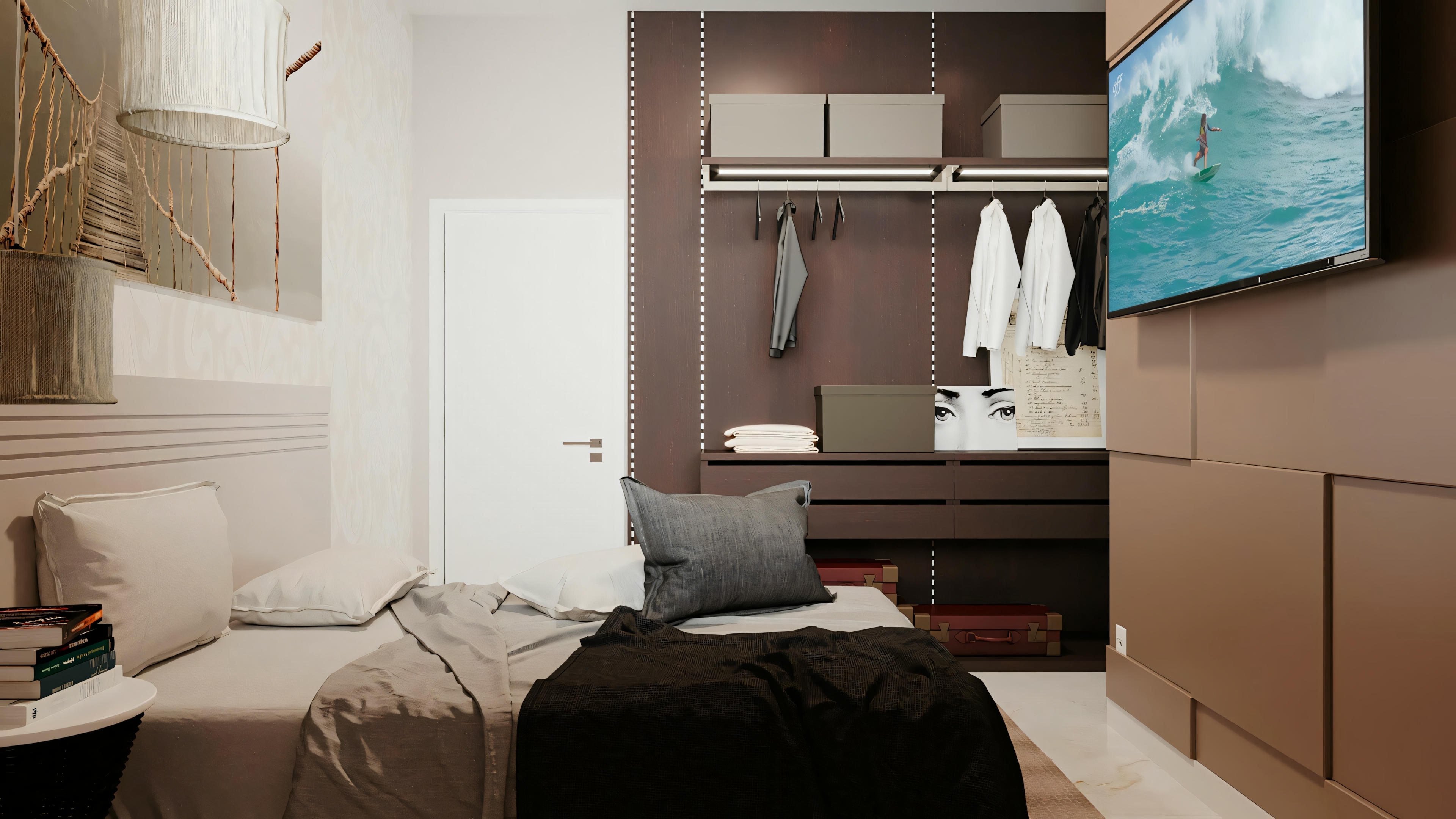 A bedroom with a large bed, gray headboard, side tables, and overhead cabinets. A flat-screen TV is mounted on the wall opposite the bed.