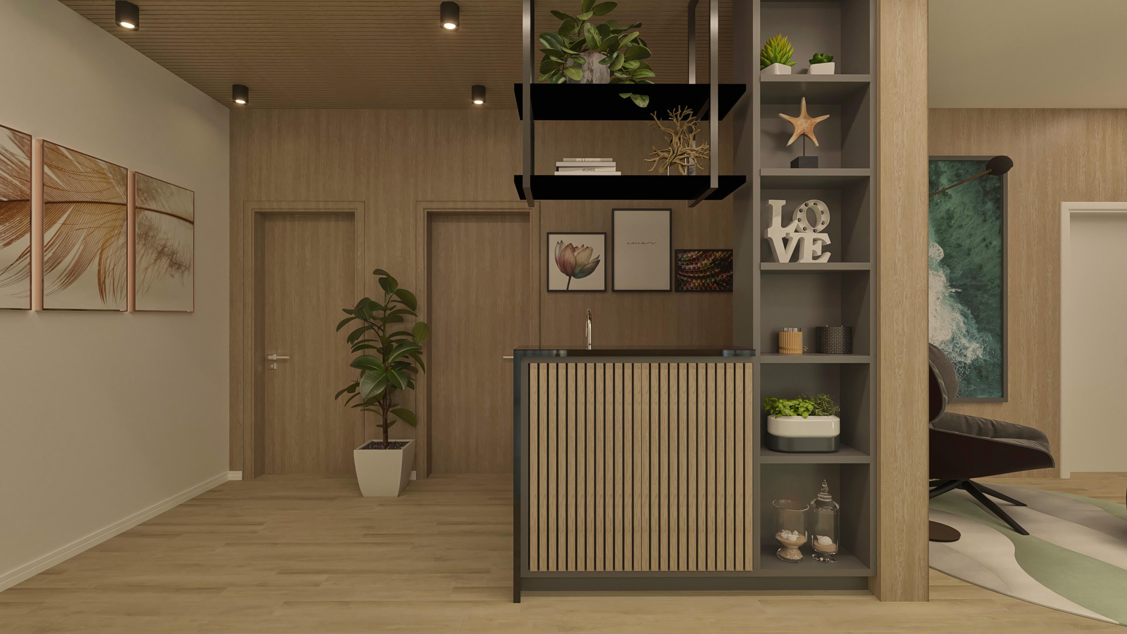Interior de casa de dos pisos moderna con suelo de madera clara, paredes en tono neutro y panel de madera listonada. Destaca estantería gris con decoración y sistema de iluminación empotrada.