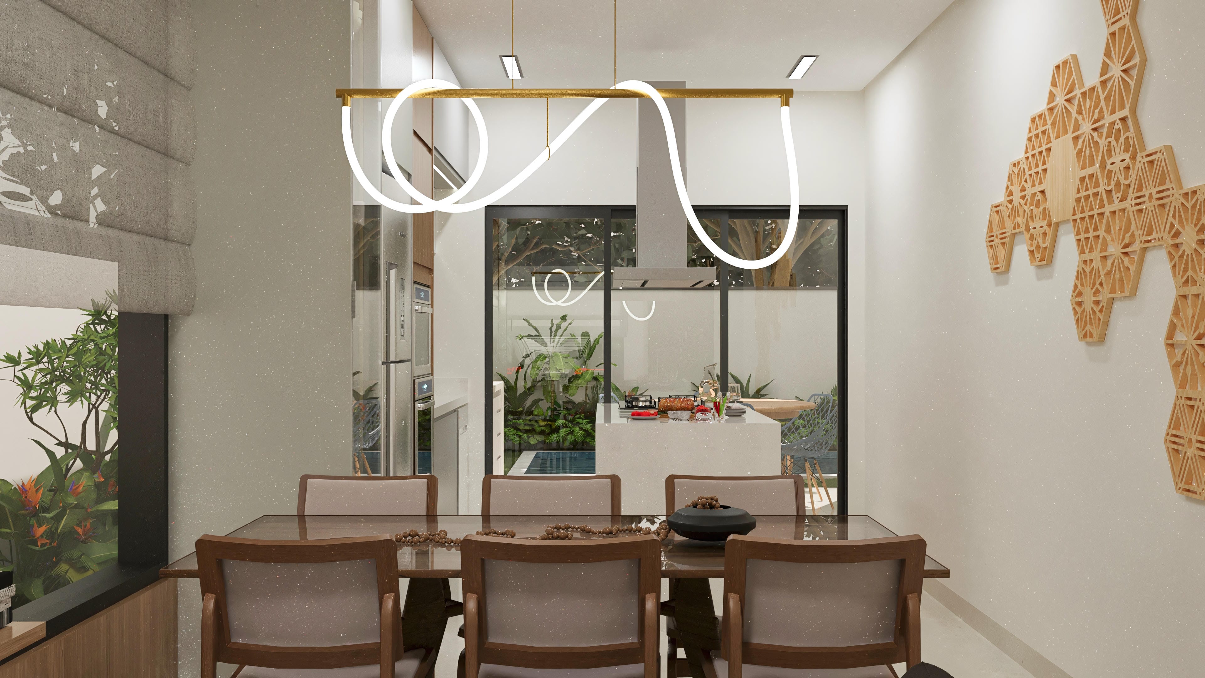 Comedor moderno con mesa de cristal espejado y sillas de madera, integrado a la cocina con encimera de granito y área gourmet externa visible a través de grandes ventanales.