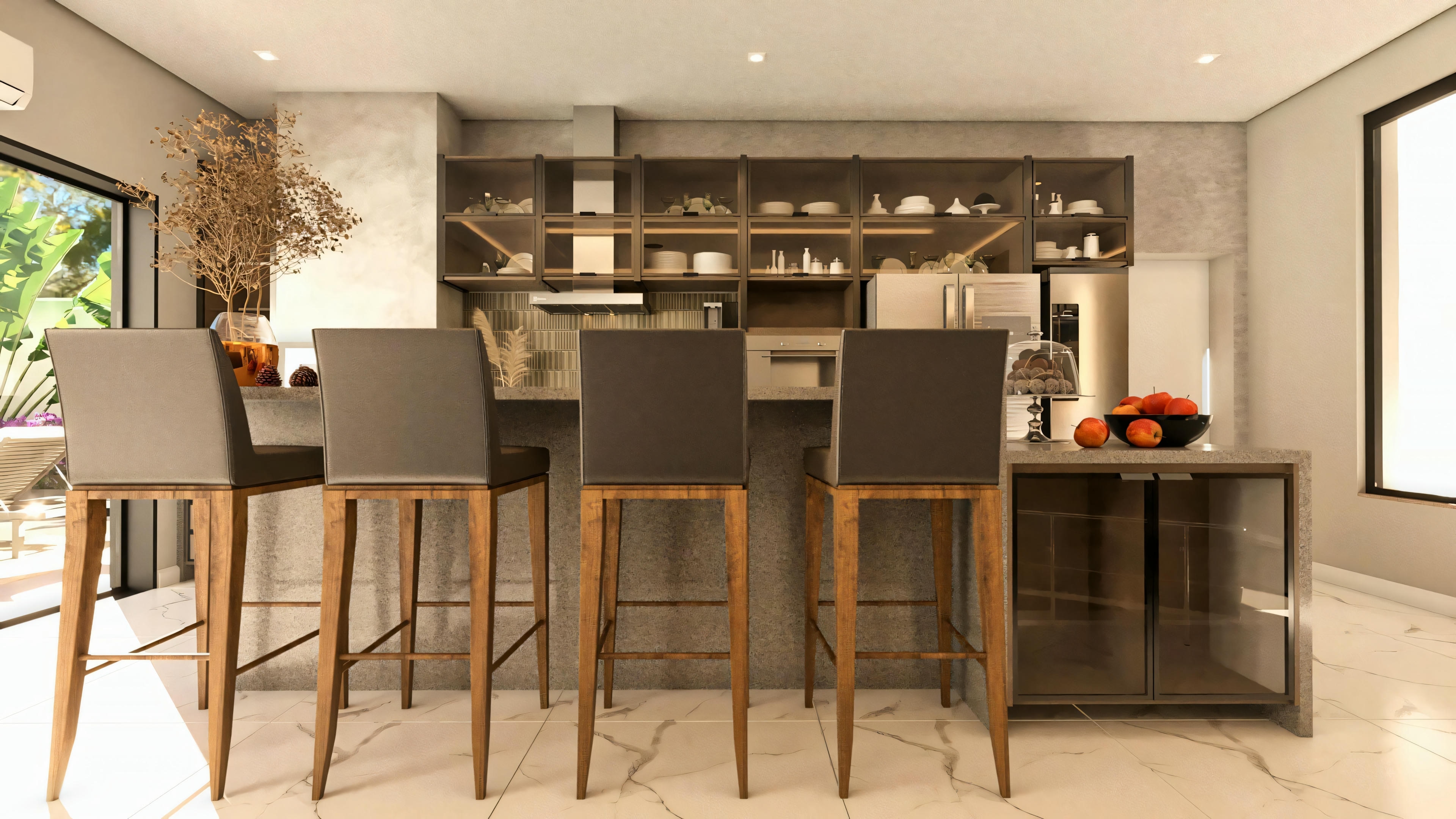 Cocina moderna con isla central y bancada para comidas en proyecto de casa de planta baja con 3 suites; armarios planeados, electrodomésticos e integración con área externa.