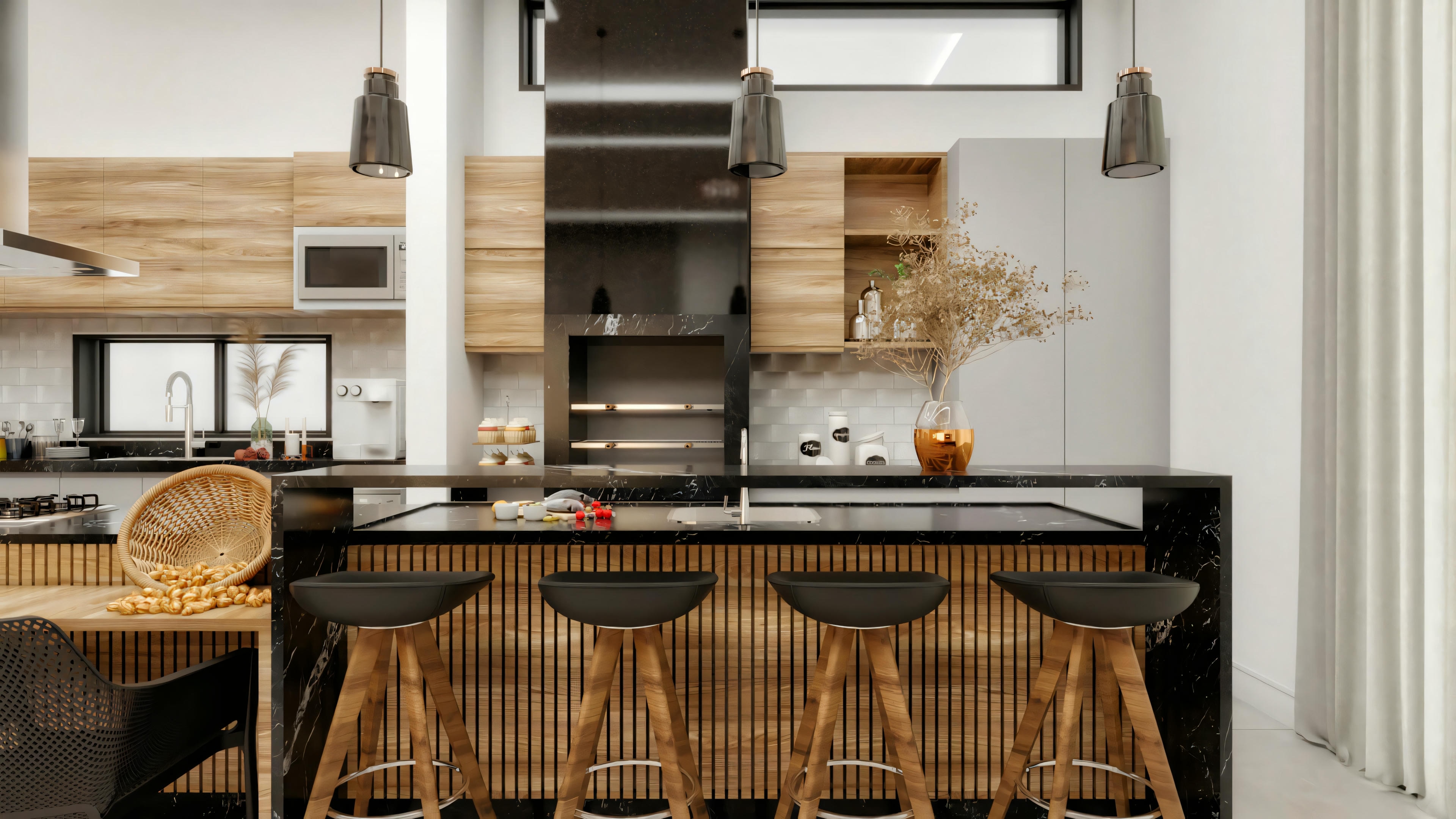 Cocina moderna con isla central, encimera de granito negro y taburetes de madera en casa de campo.