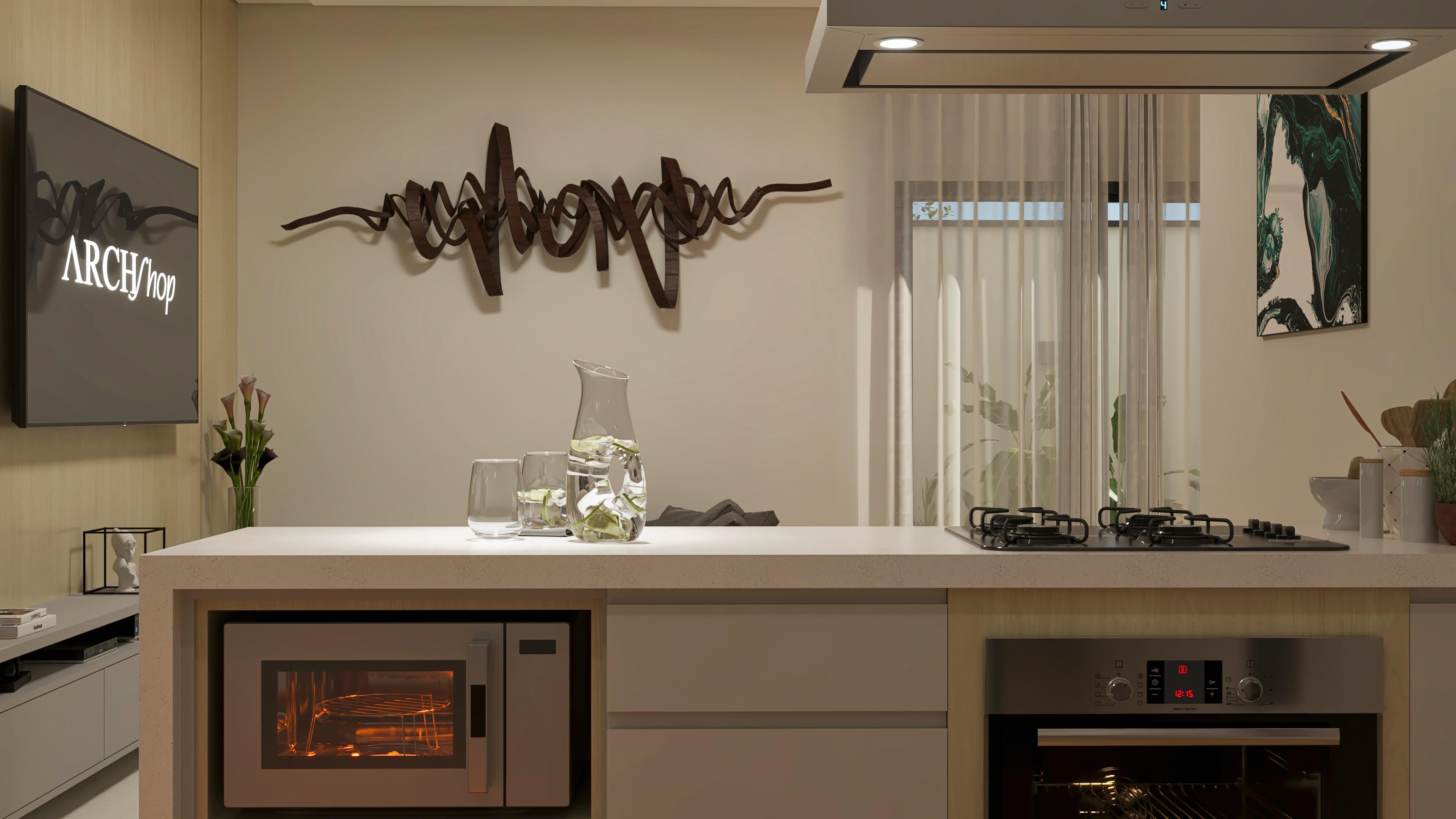 Ambiente interno de cocina moderna con encimera en piedra, electrodomésticos empotrados, como horno y microondas, y una ventana con cortinas translúcidas.