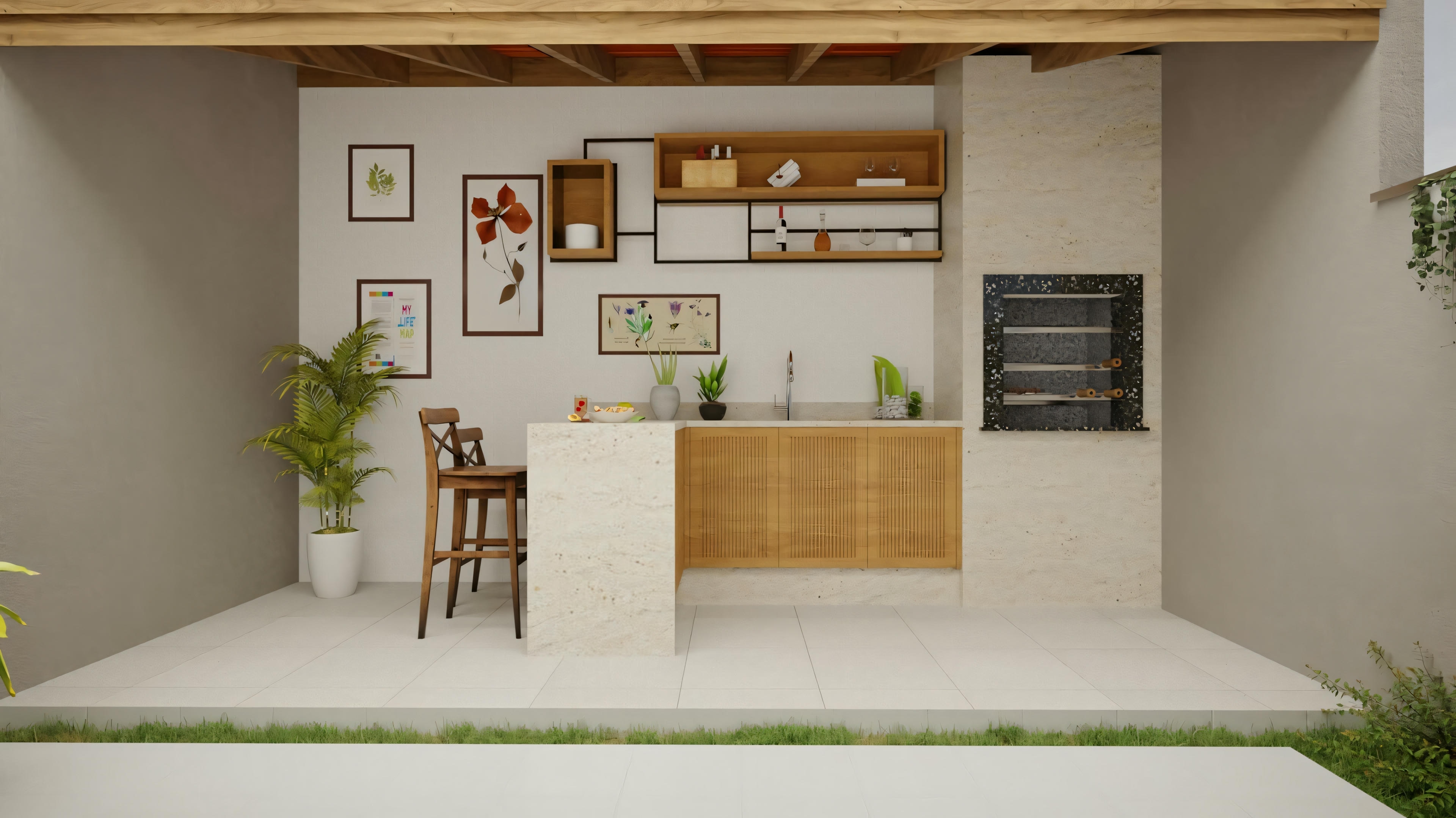 A compact space that can be used as a dining or work area, with shelves above and a large glass door or window leading to an outdoor area.