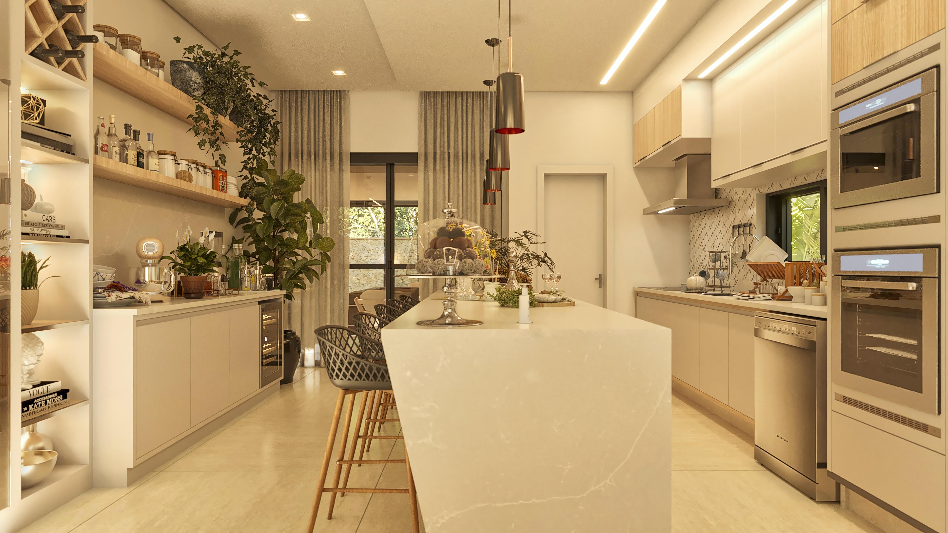 Cozinha moderna com ilha central, armários em tons neutros, eletrodomésticos embutidos, prateleiras com plantas e piso em porcelanato.