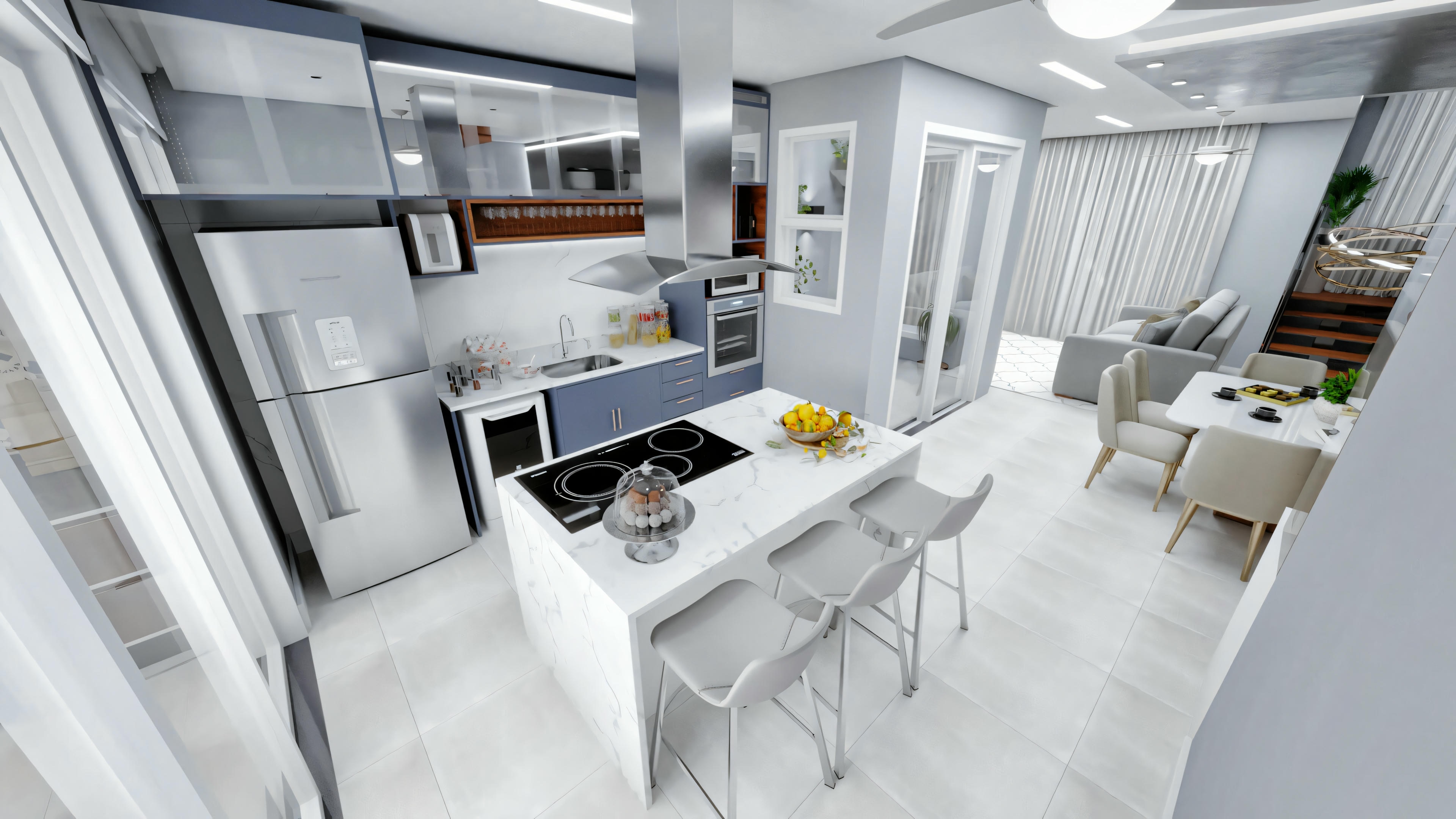 Uma cozinha moderna com armários brancos, eletrodomésticos de aço inoxidável e uma ilha central com assentos.