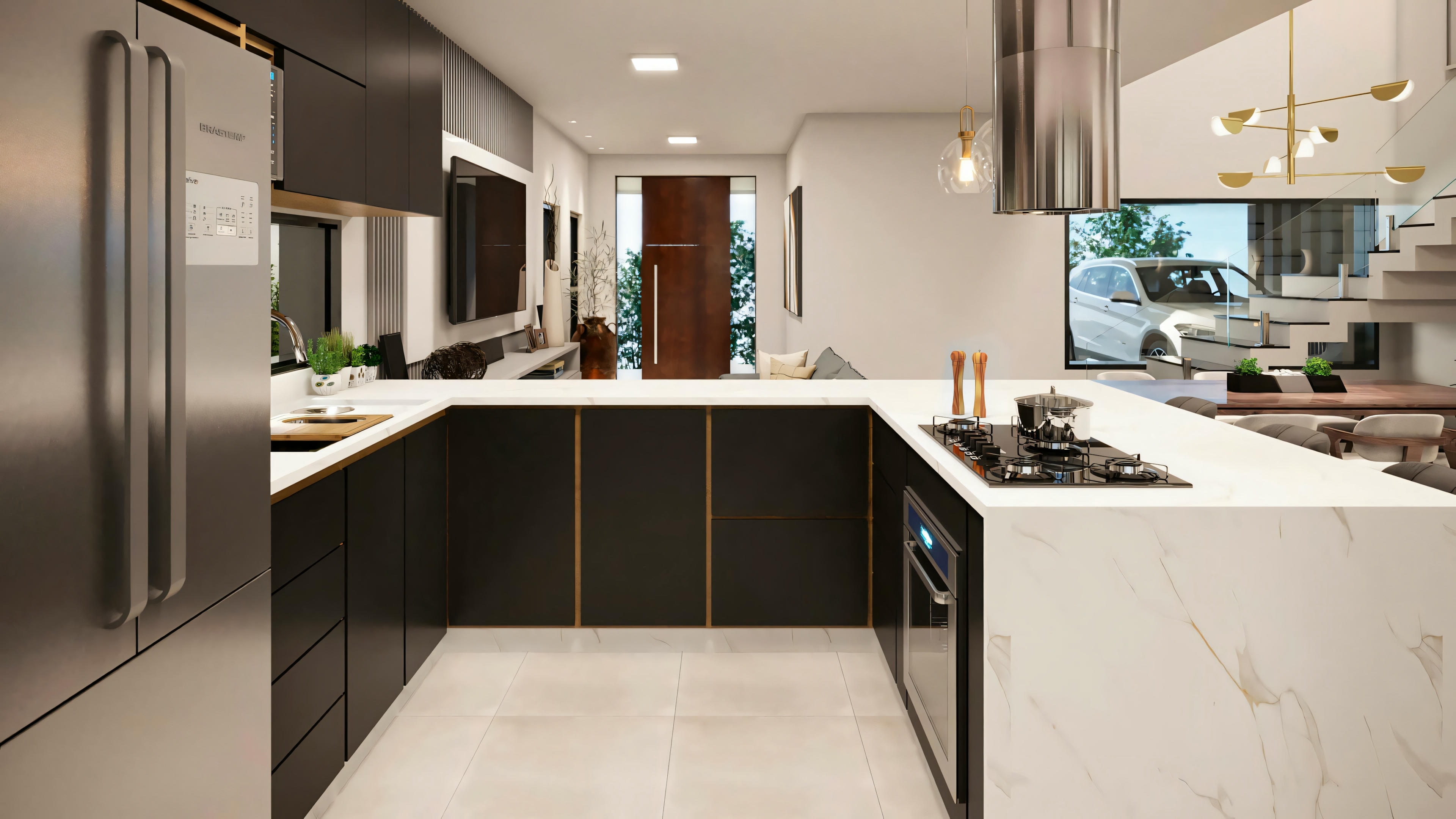 Cozinha moderna com bancadas brancas e armários inferiores escuros.