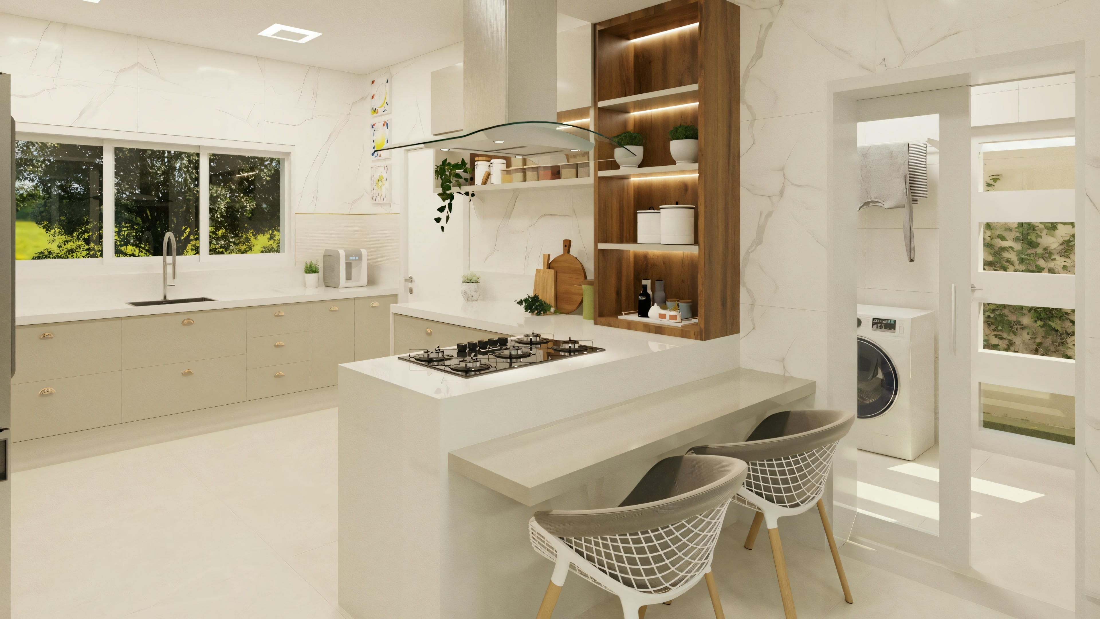 Uma cozinha moderna com eletrodomésticos embutidos, bancadas limpas e prateleiras iluminadas.