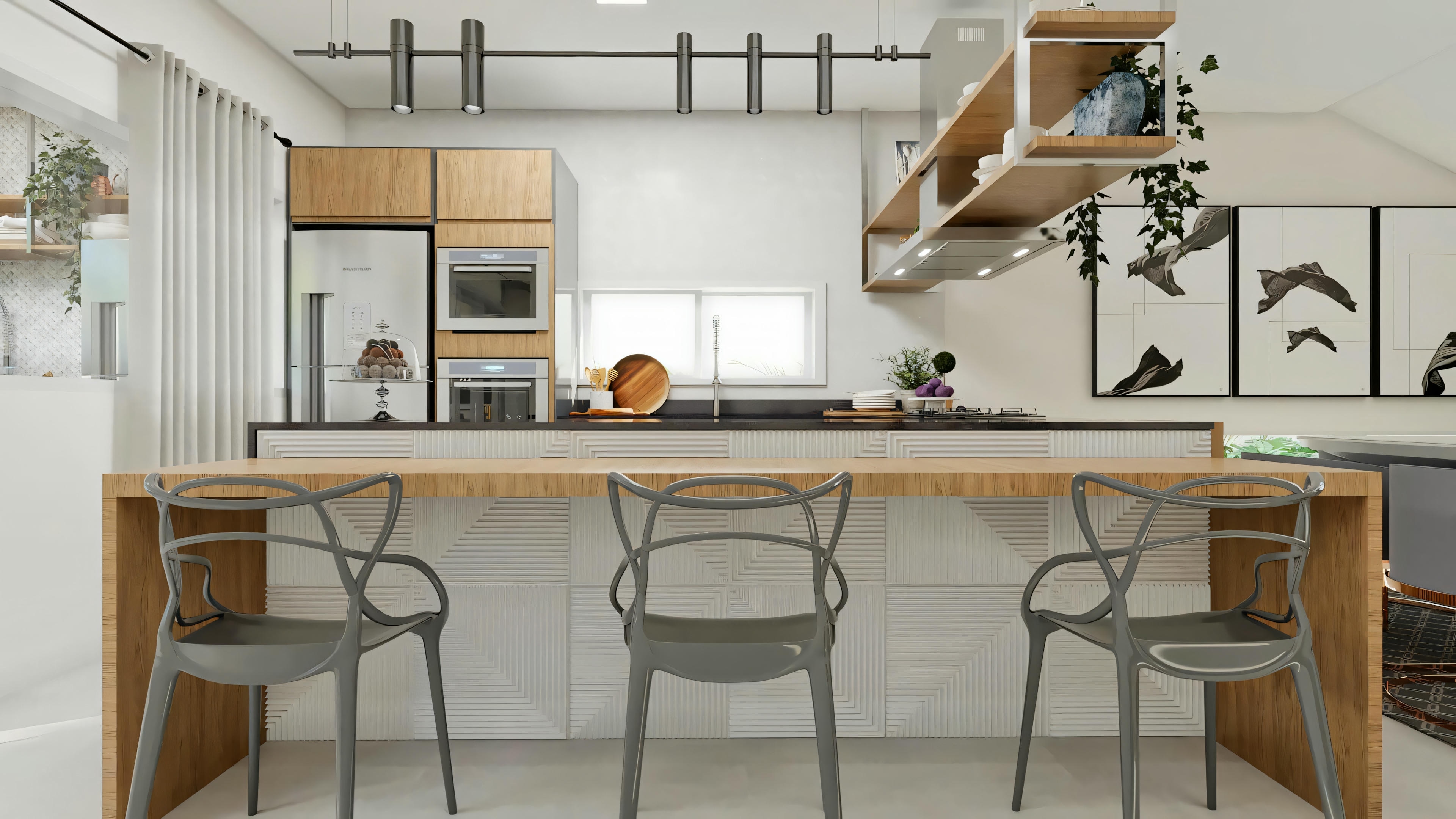 Cozinha moderna planejada no projeto residencial ArchShop com 3 suítes e piscina. Ambiente com ilha/bancada em madeira e base texturizada, banquetas cinza, armários em madeira e cinza, eletrodomésticos em inox e iluminação moderna. Casa com 250.56m².