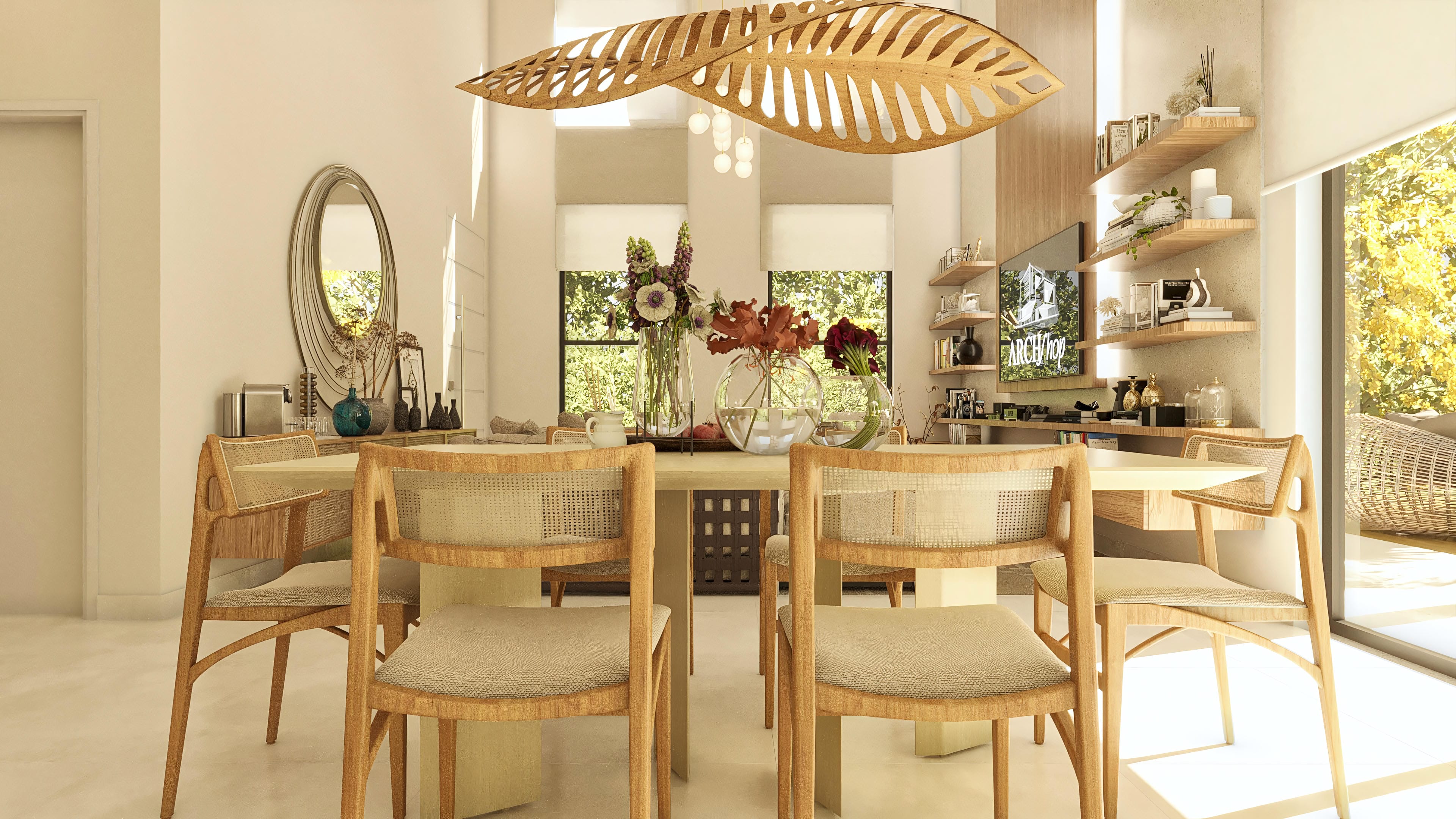 Interior de sobrado com sala de jantar e estar integradas, destacando mesa de madeira com cadeiras em trama, estantes com objetos decorativos e TV. A iluminação natural é um ponto chave.