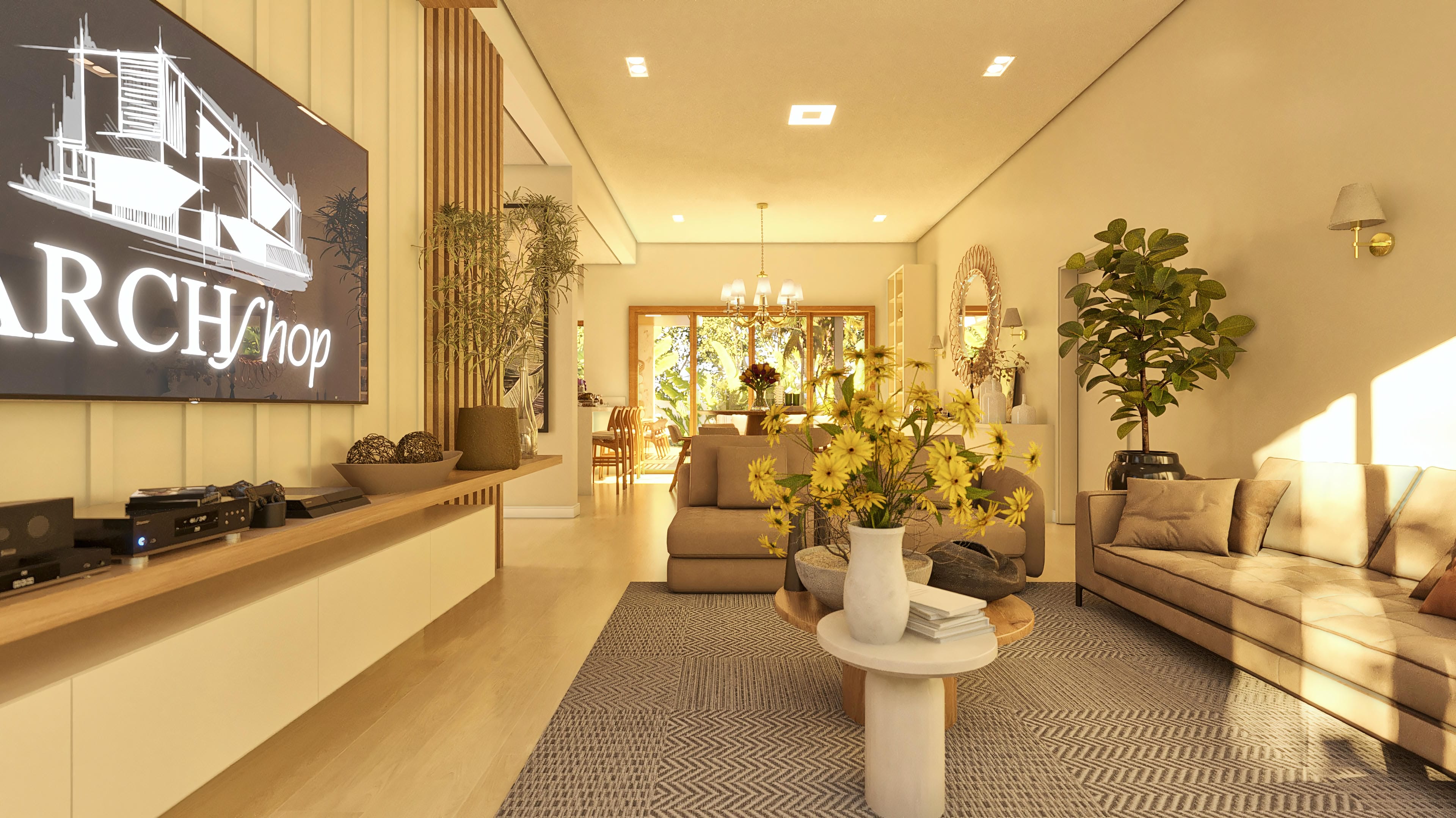 Interior de casa térrea moderna, com sala de estar e jantar integradas, destaque para móveis aconchegantes, materiais naturais e iluminação acolhedora.