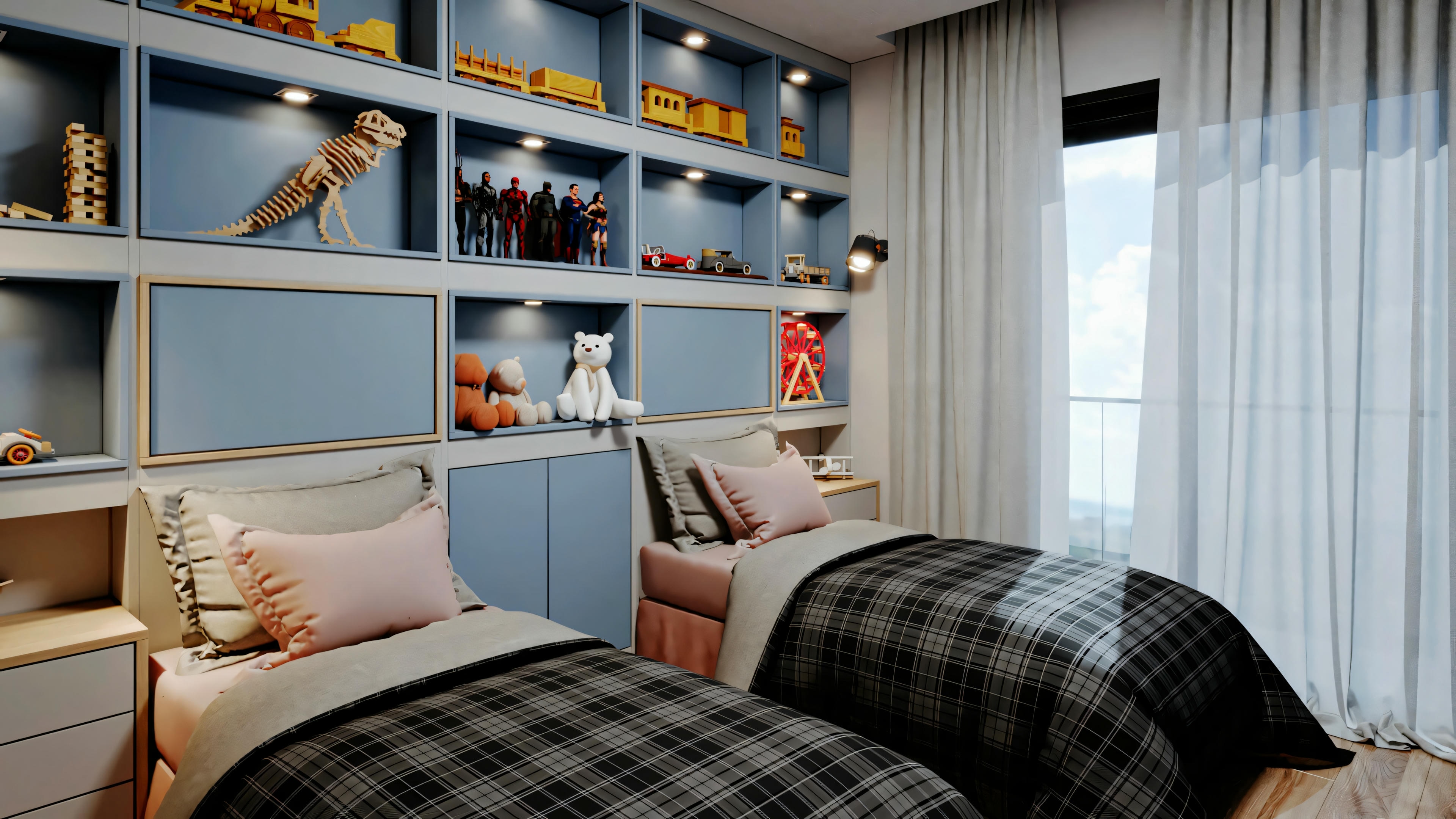 Un dormitorio con cama cubierta por colcha de cuadros, estantería encima de la cama con varios artículos y una ventana con cortinas.