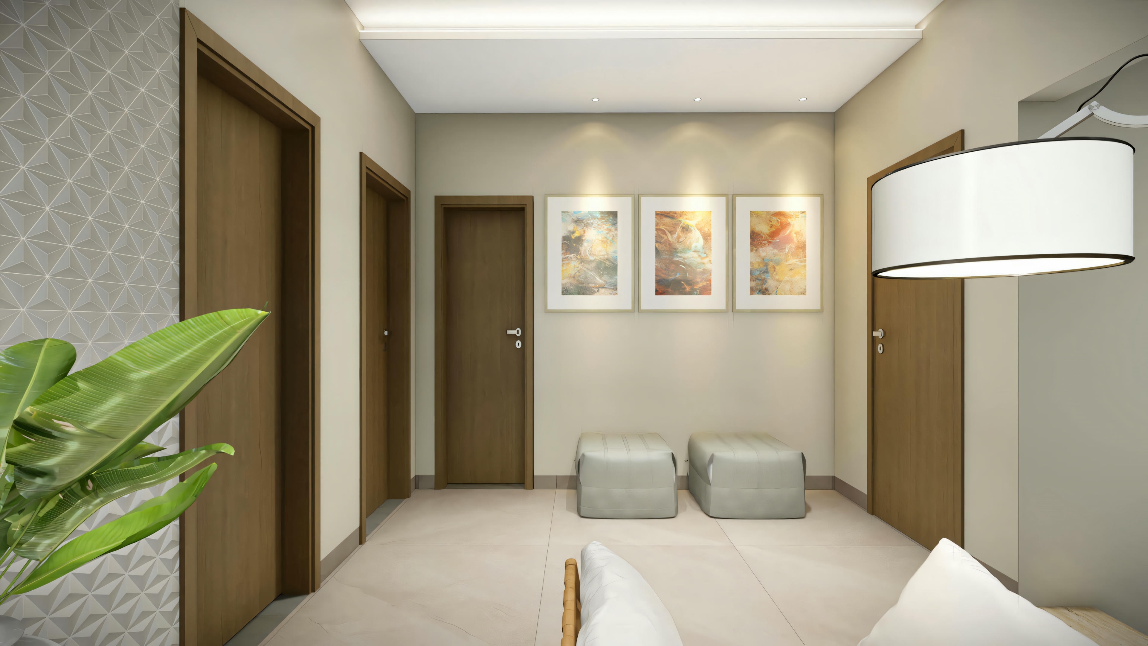 Dormitorio con cama, mesitas de noche, lámparas y planta en la esquina.