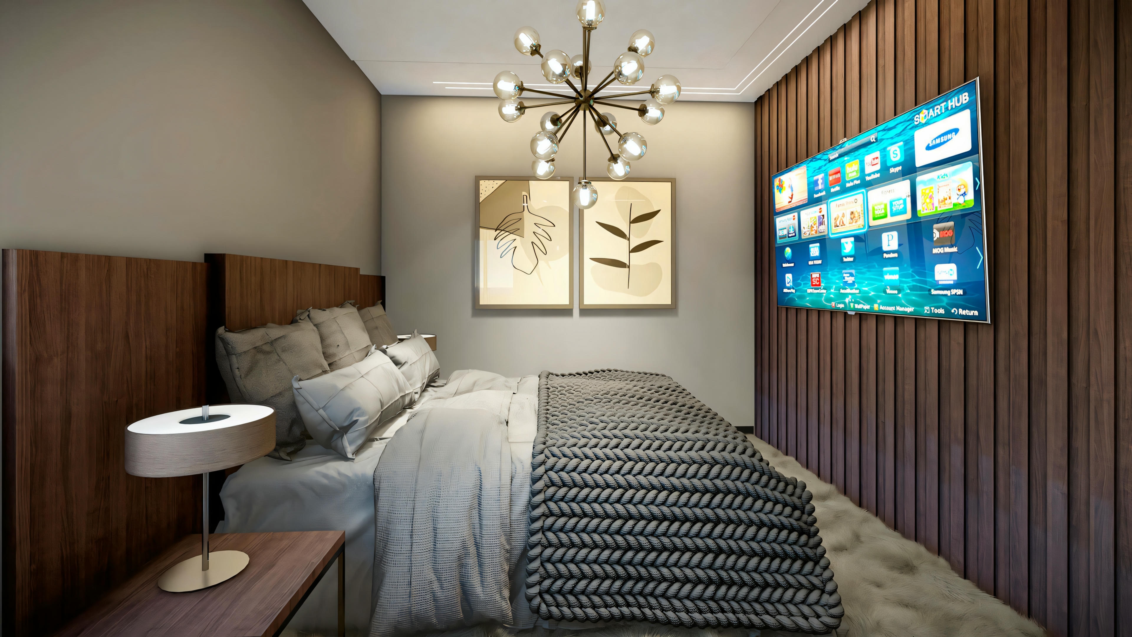 Un dormitorio con una cama cubierta con ropa de cama gris, una pequeña mesita de noche y una obra de arte en la pared encima del cabecero.