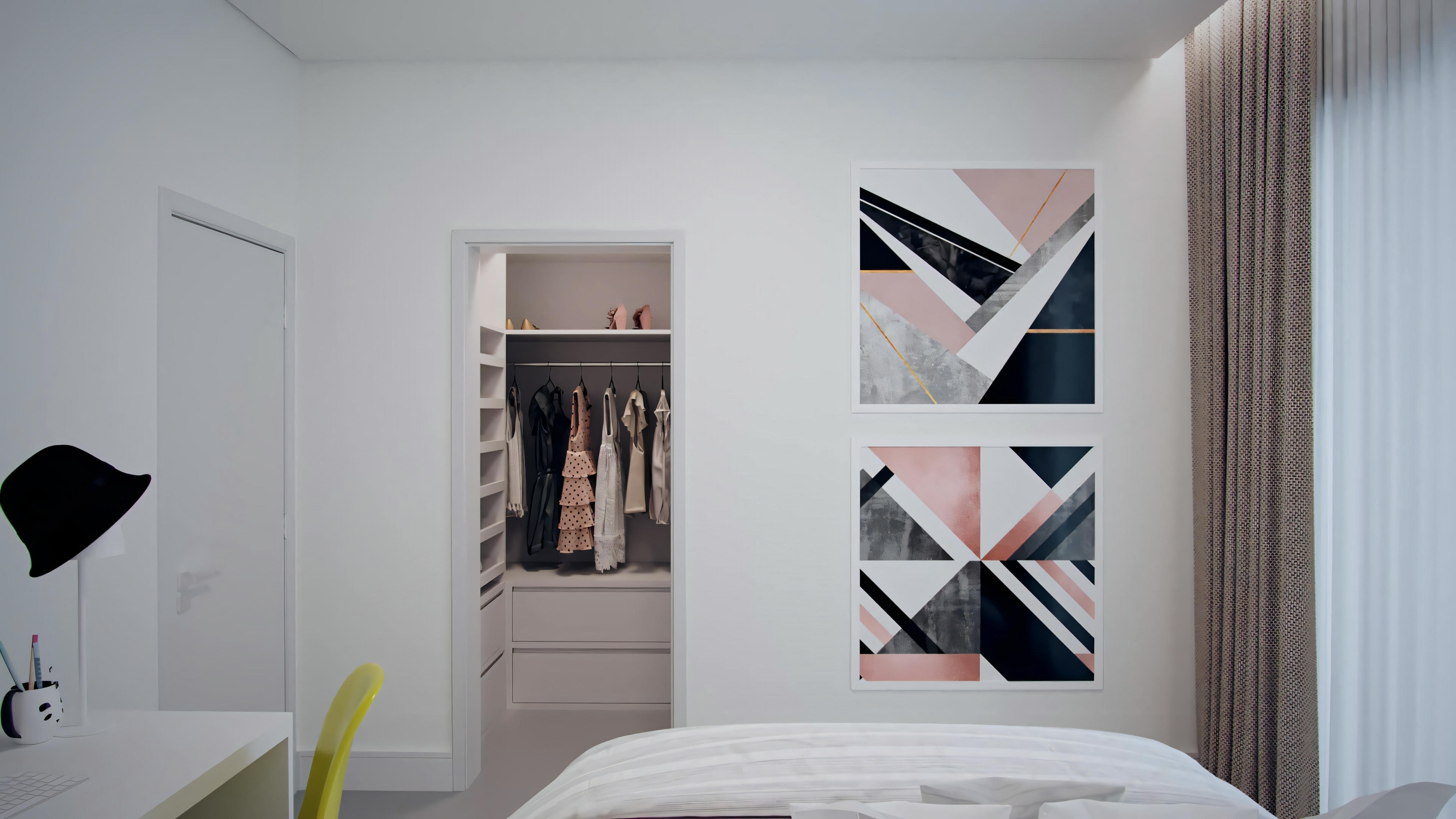 Un dormitorio con esquema de colores claros, cama, silla lateral y obra de arte encima de la cama.