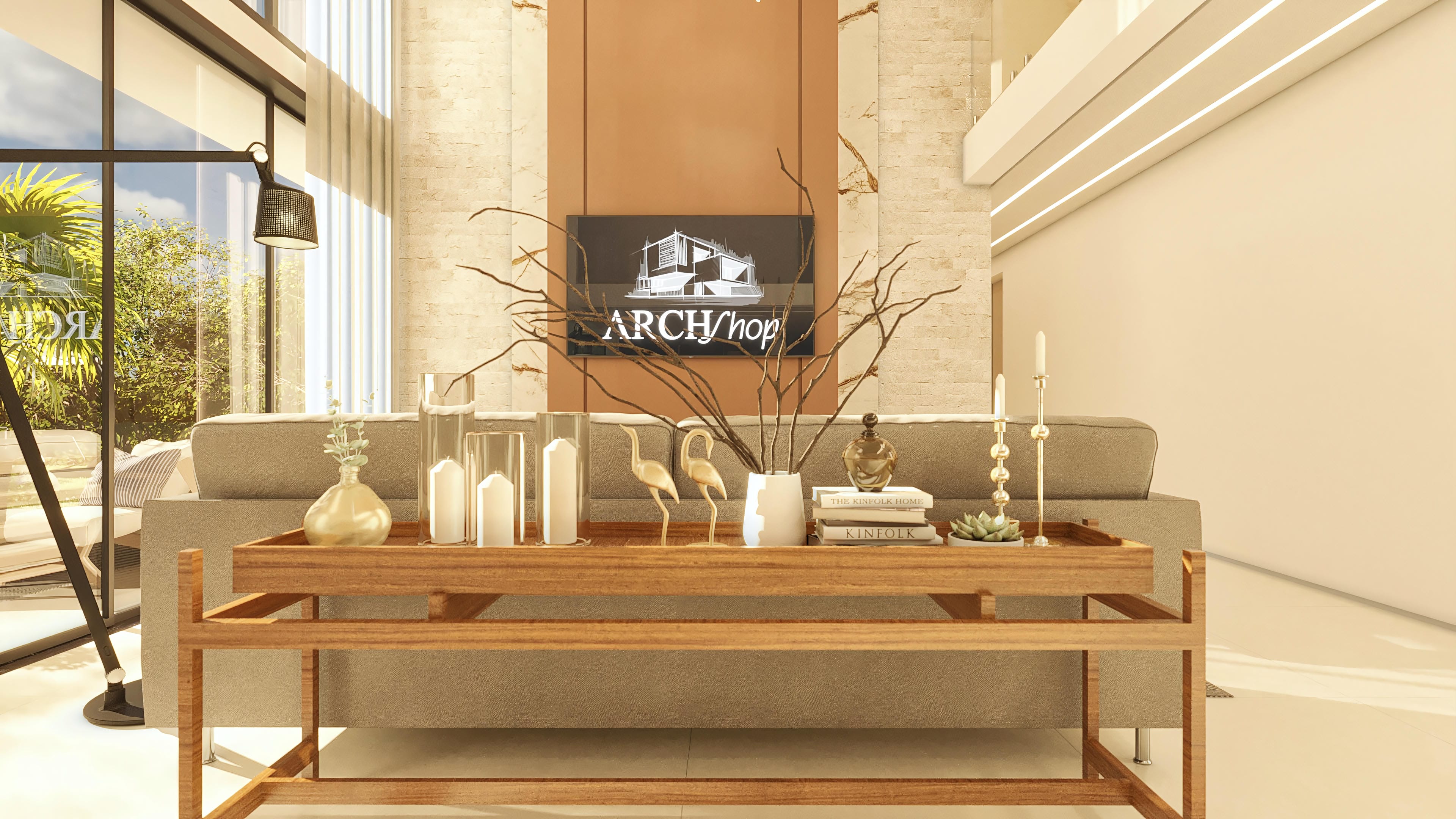 Living room decoration with noble textures, including a stone wall, terracotta panel, and golden elements, with a wide view of the green area.