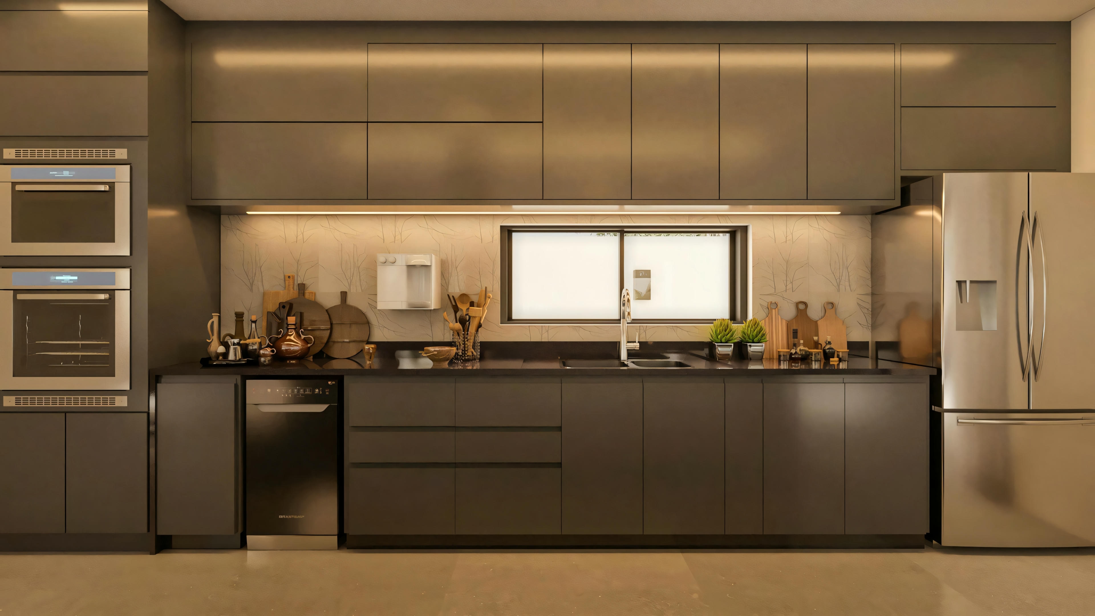 Encimera de la cocina planeada de la casa de dos pisos moderna de 330m², con armarios oscuros, fregadero, lavavajillas, torre de hornos y frigorífico de acero inoxidable.