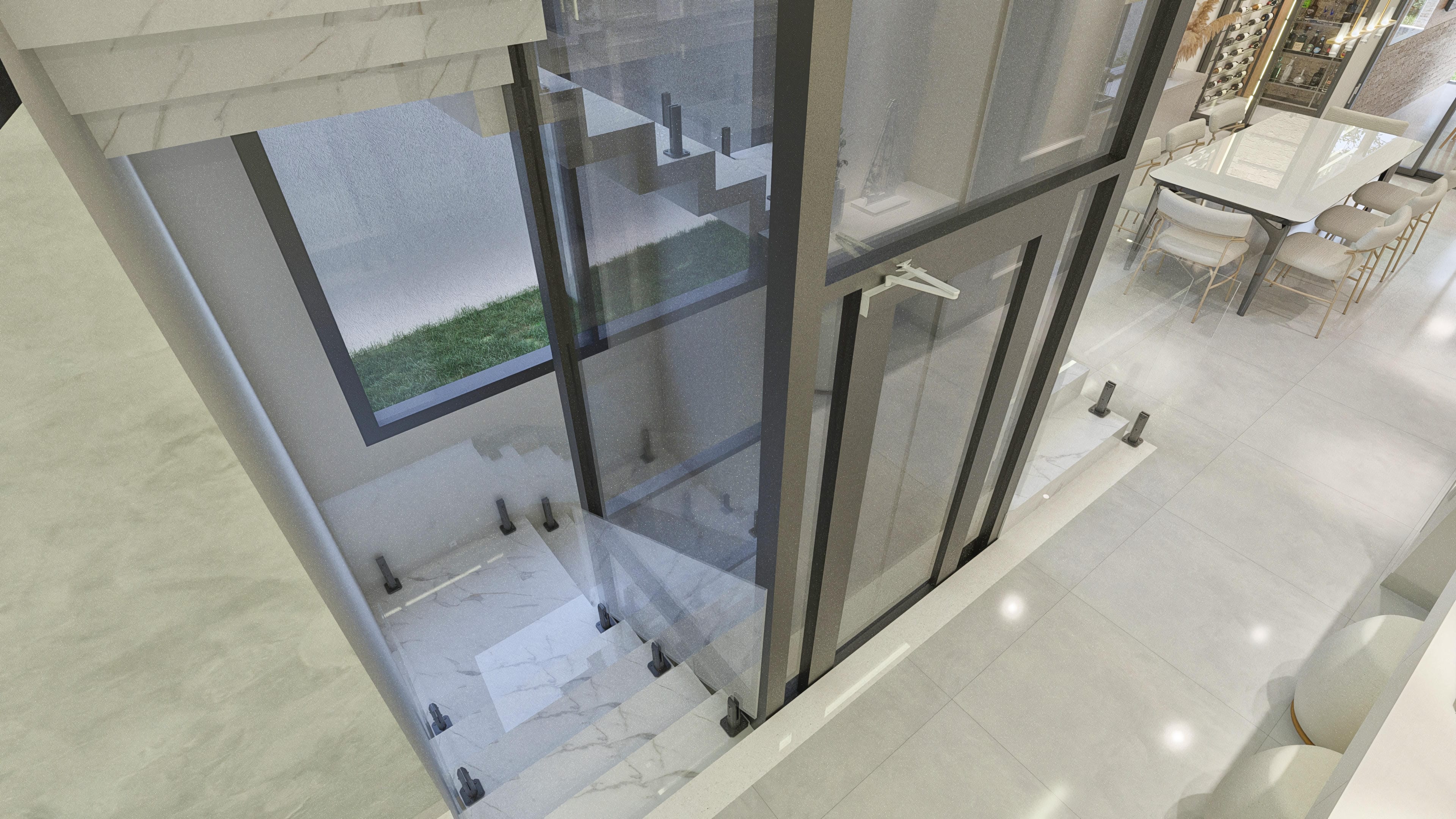 Detalle interior de escalera moderna con peldaños de mármol y barandilla de cristal y estructura metálica oscura, exhibiendo un diseño sofisticado.