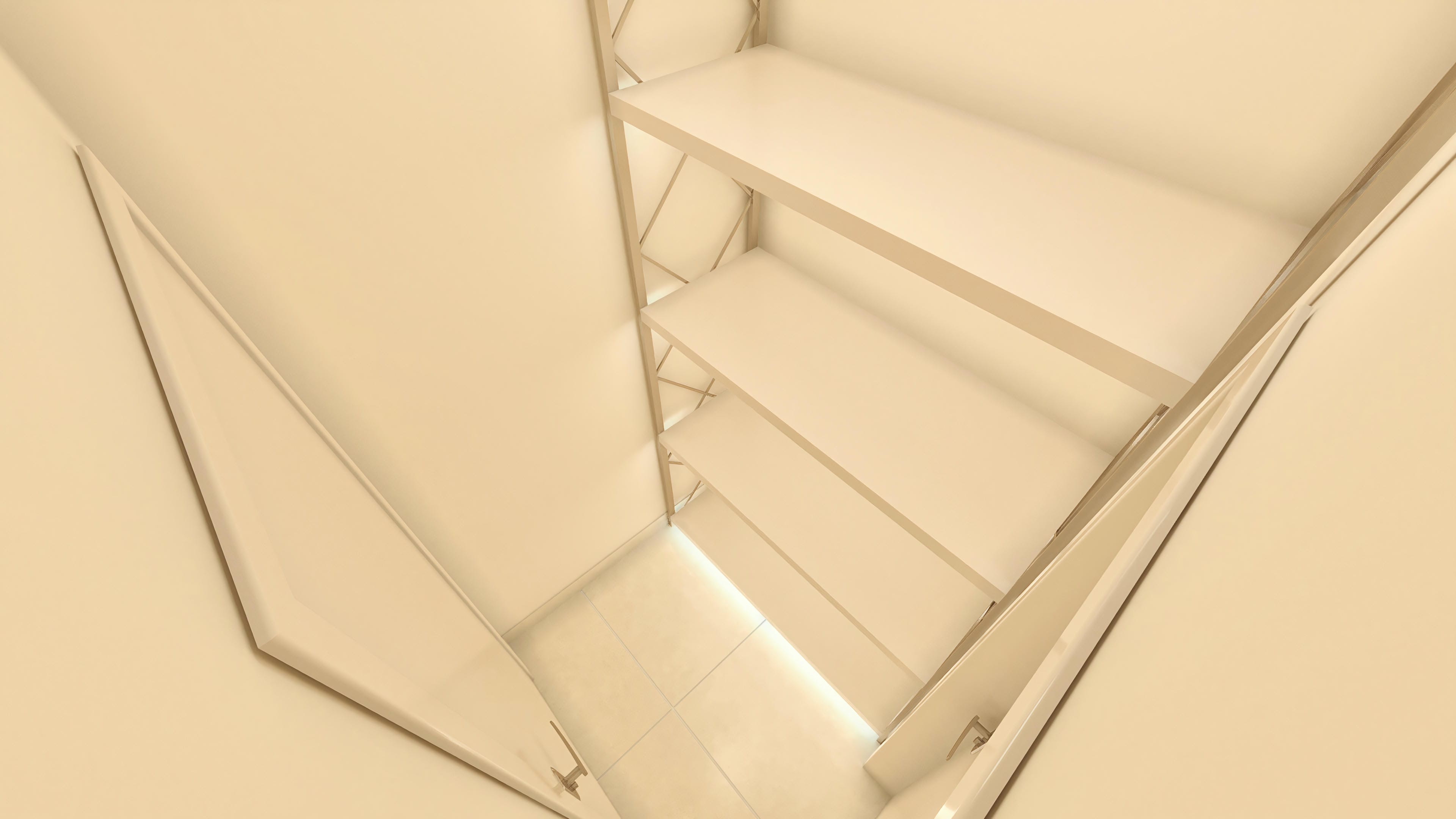 Detalle interno de un ambiente con estantes minimalistas en tonos de beige e iluminación indirecta, ideal para organización y diseño contemporáneo.