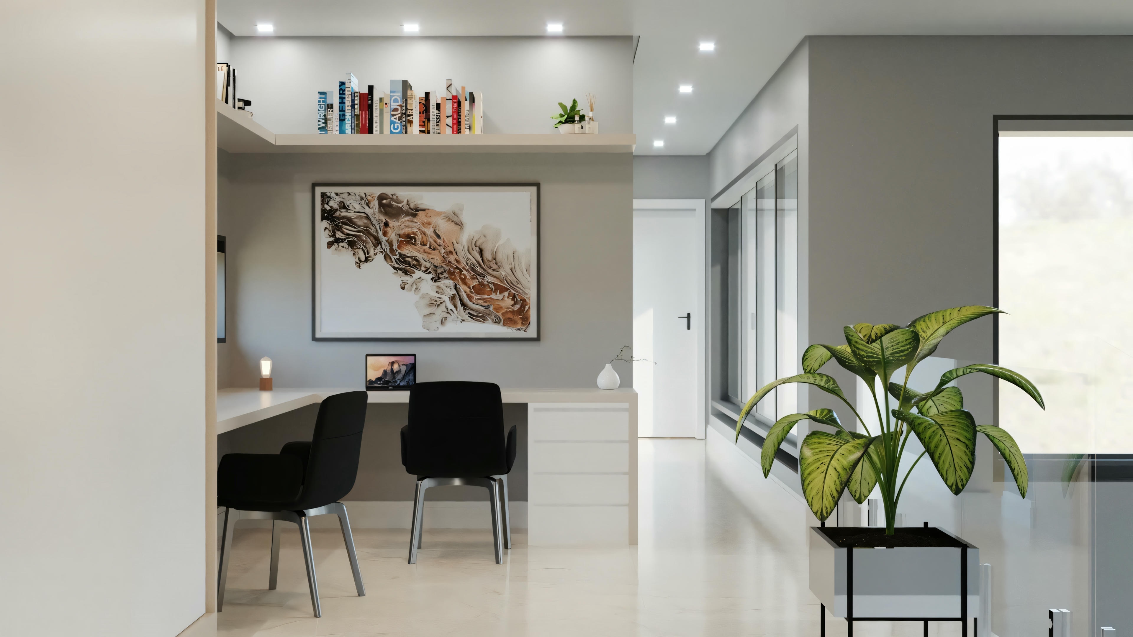 Una habitación con paredes blancas y una gran ventana que proporciona mucha luz natural. Hay muebles incluyendo sillas y una mesa, además de objetos decorativos como arte en la pared y una planta.