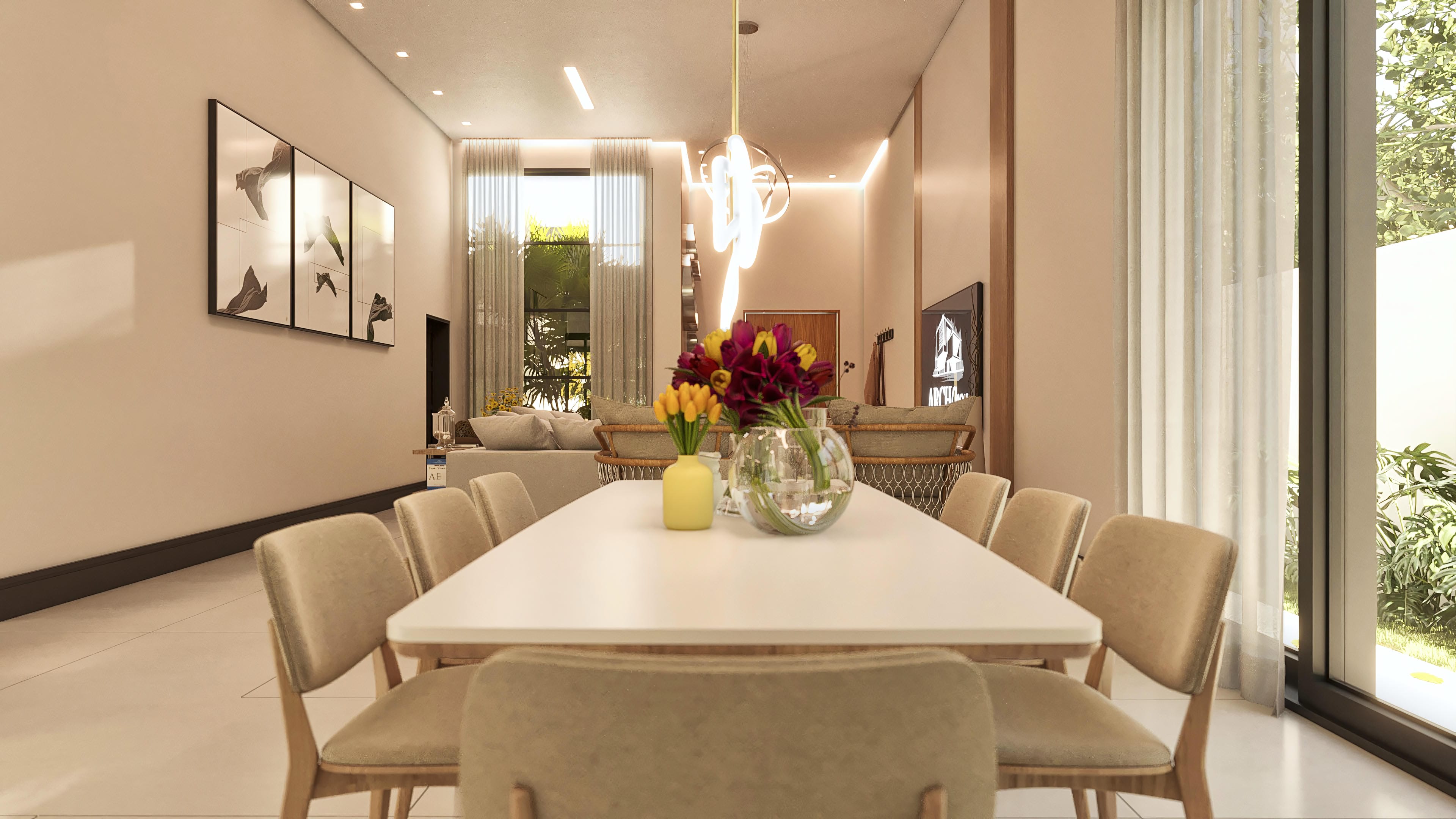 Internal view of a modern dining room with light porcelain tile flooring, a large table with upholstered chairs in neutral tones, and recessed lighting. The living area in the background features comfortable sofas and large windows with translucent curtains.