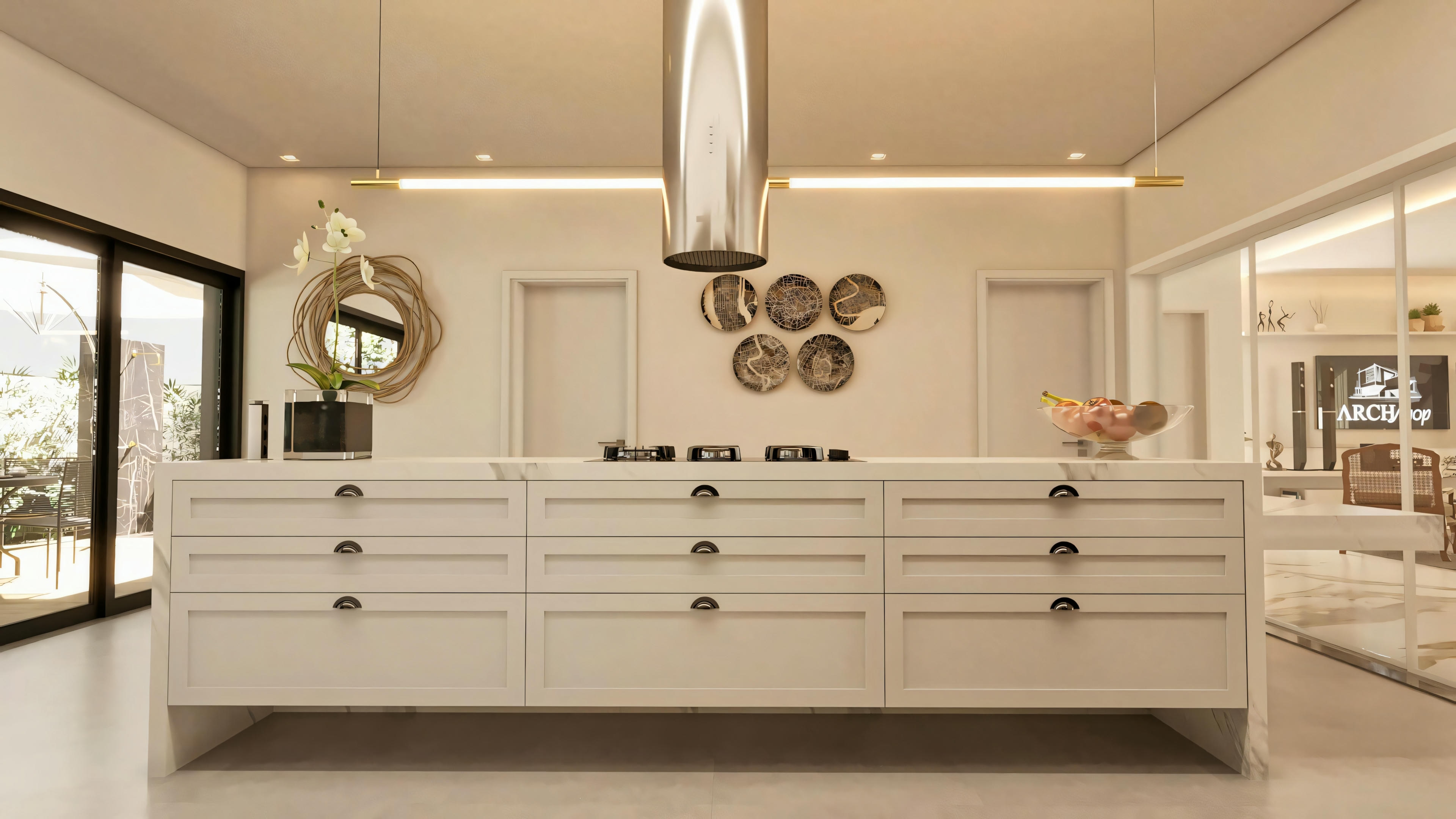 Lado de trabajo de la isla en la cocina/área gourmet de la casa de dos plantas de 3 suites, con cajones y armarios claros, cooktop empotrado en la bancada de piedra, campana de acero inoxidable suspendida, y vista hacia puertas internas y acceso al área externa.
