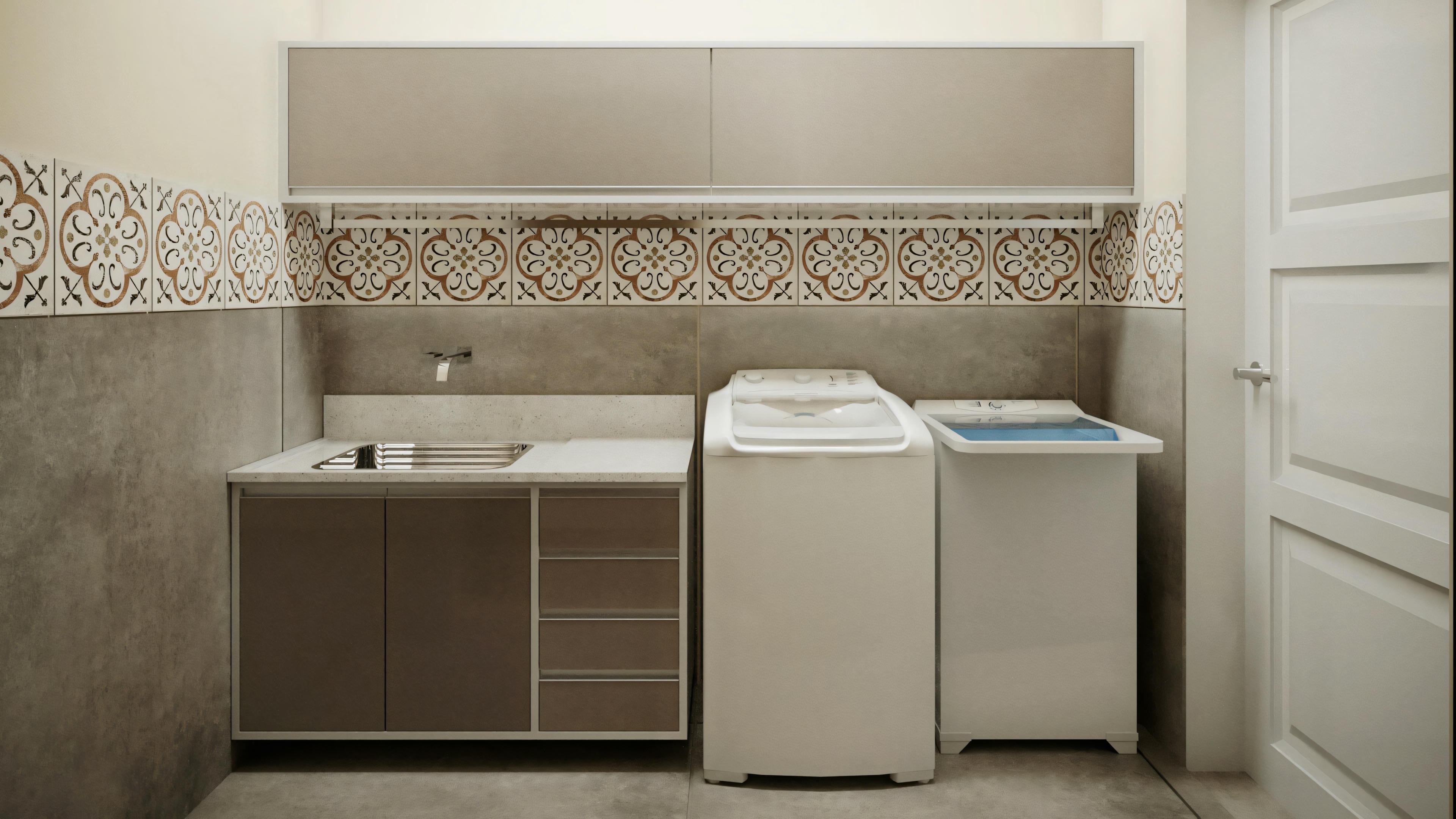 Laundry room with side-by-side washer and dryer, with decorative backsplash above.
