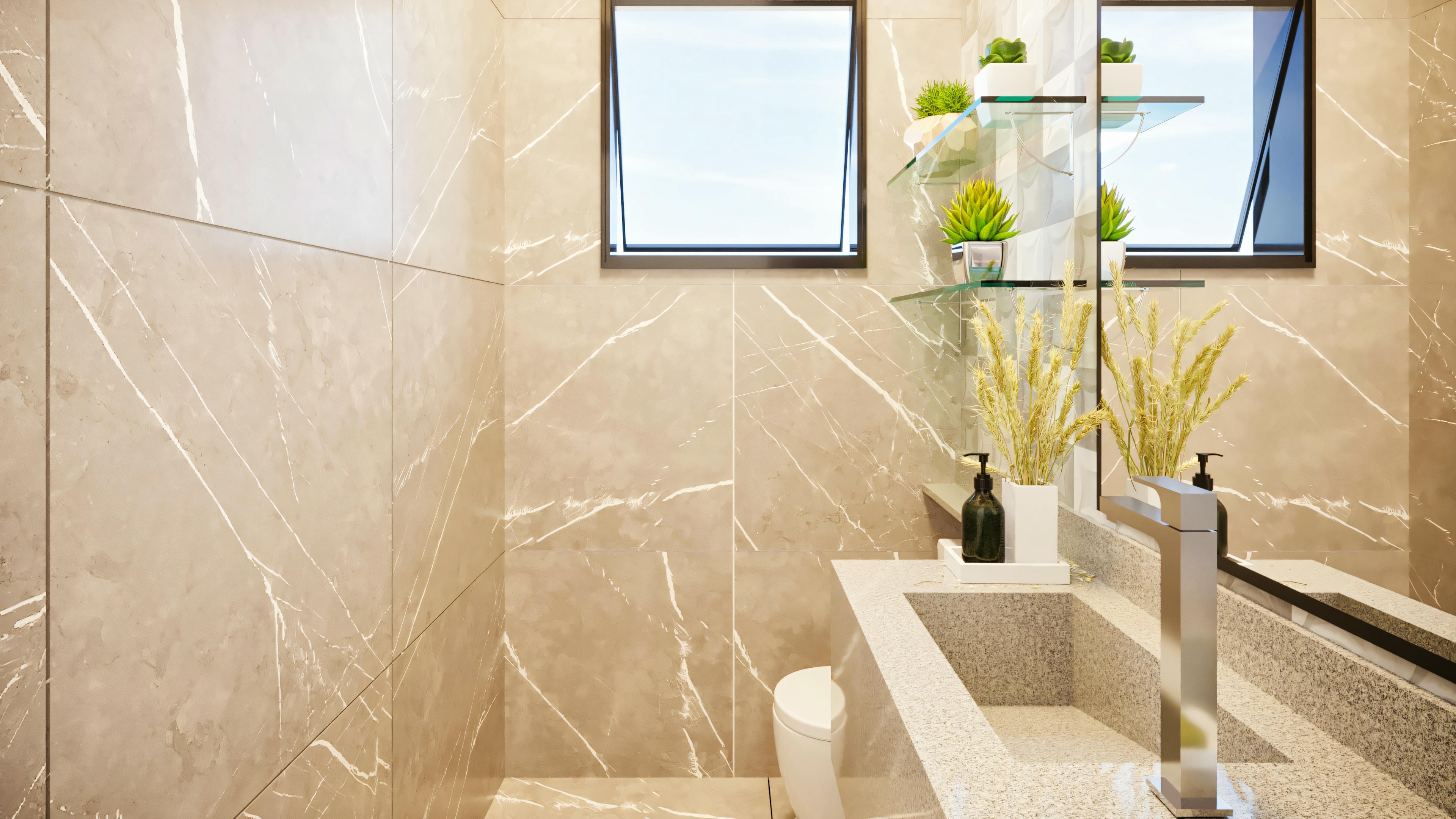 Baño social o lavabo con diseño sofisticado en casa de alto padrão con 3 suites, piscina y zona gourmet. Detalles del revestimiento en grandes formatos con vetas marmolizadas, encimera con lavabo tallado o de apoyo, y metales elegantes. Este es uno de los cinco baños de la residencia de 335.08m².