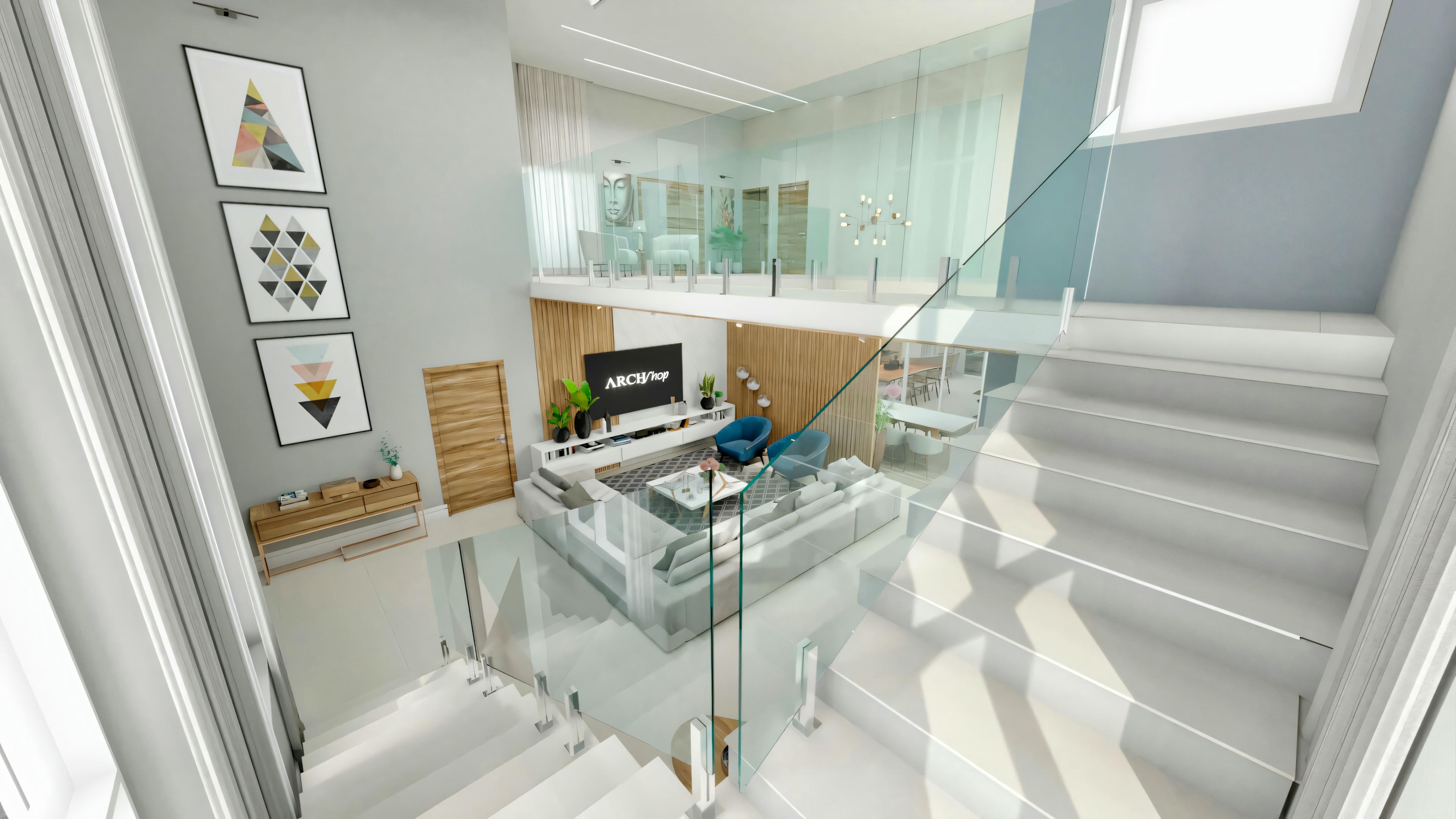 Elevated view of the living room with double-height ceiling in a modern neoclassical house. Gray sofa, wooden TV panel, staircase, and mezzanine with glass railing. Spacious and bright environment, part of a 416.97sqm two-story house with 4 suites and gourmet area.