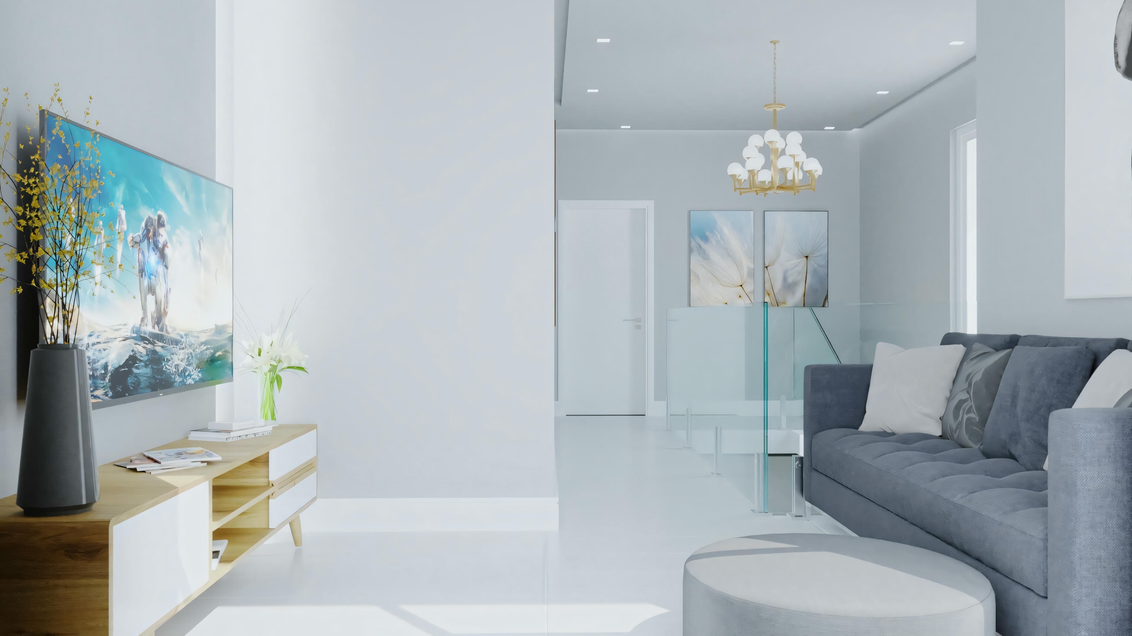 Bedroom with minimalist decoration, double bed, and light-colored walls.